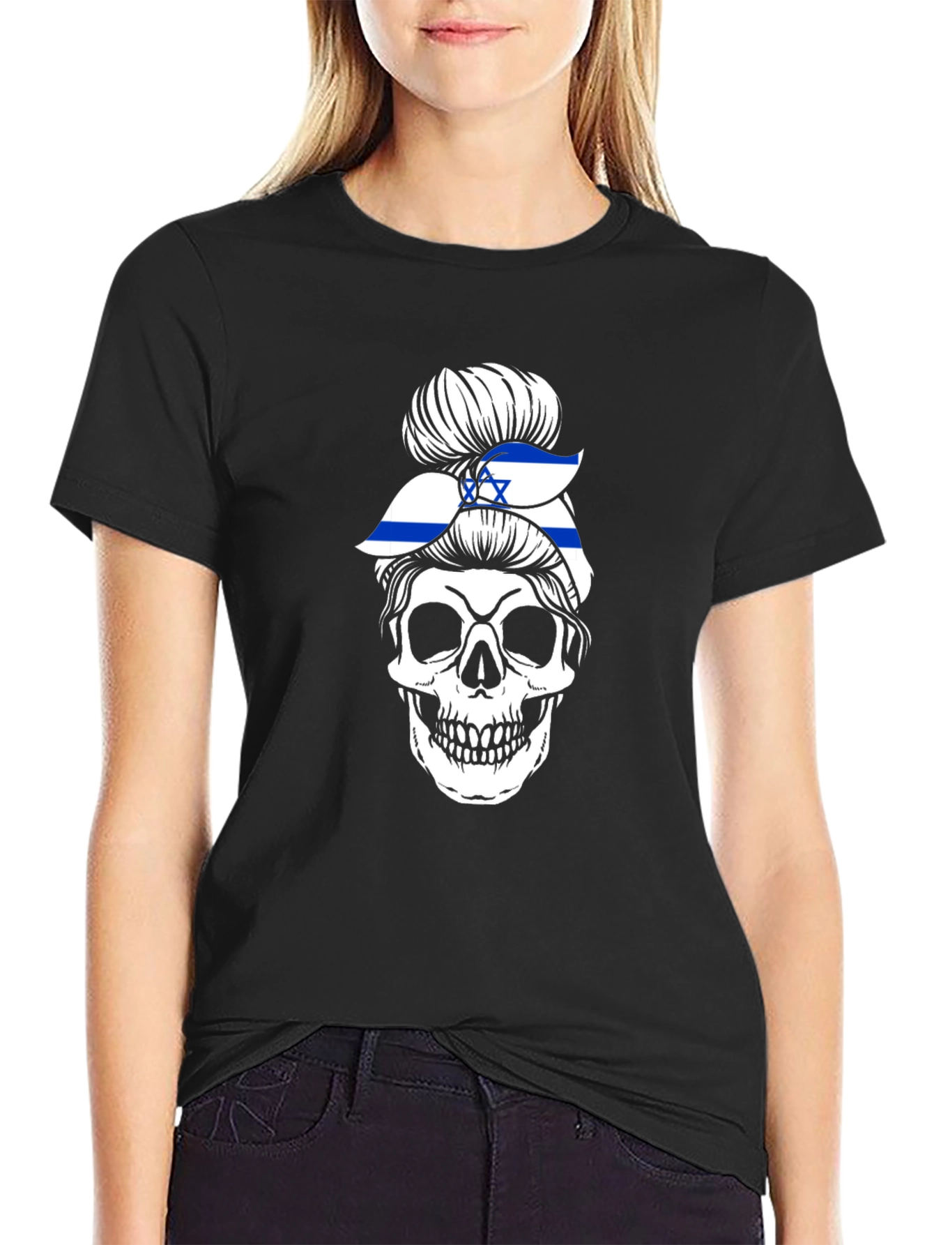 Skull Israel Flag Messy Bun T-Shirt