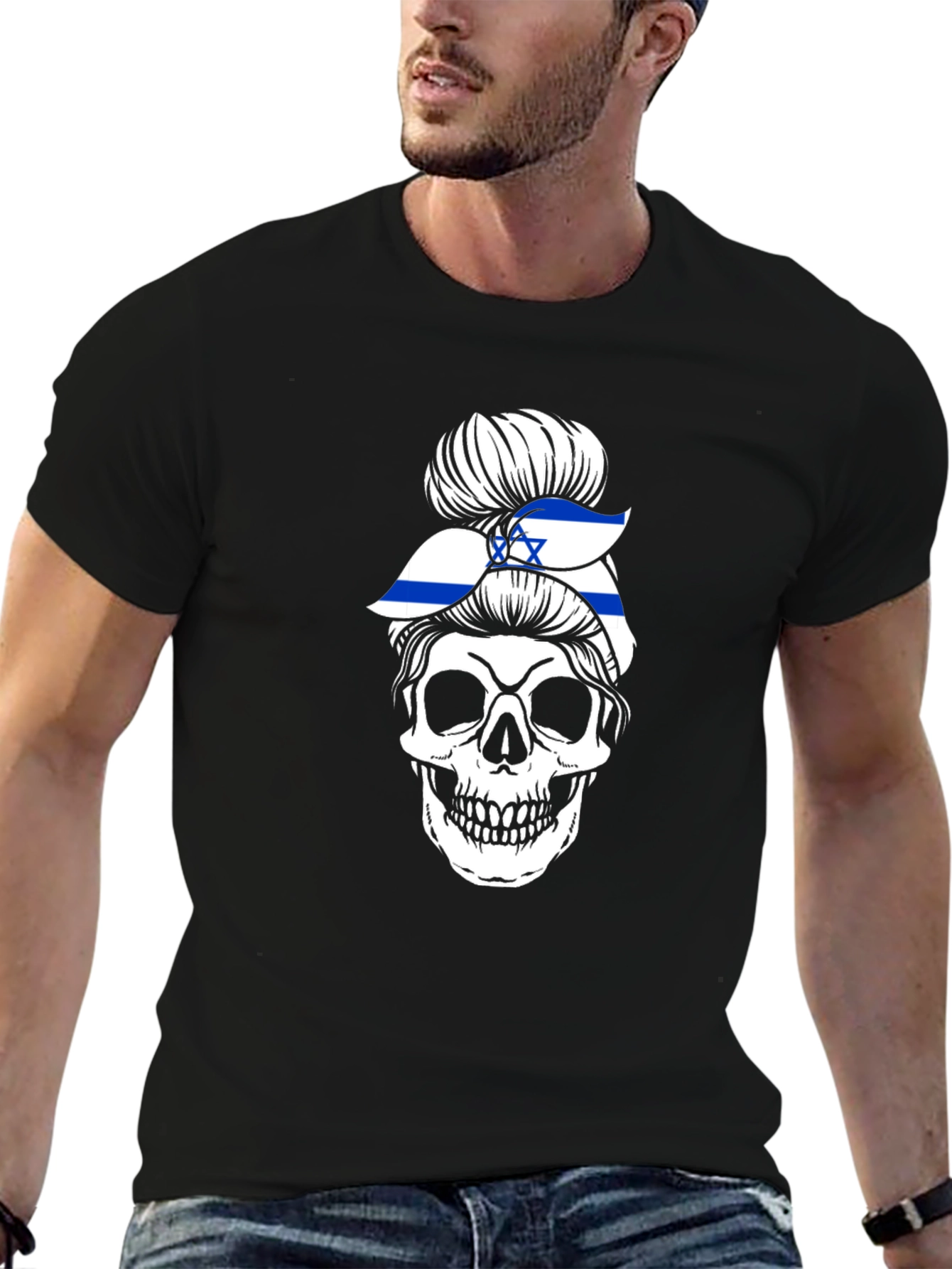 Skull Israel Flag Messy Bun T-Shirt