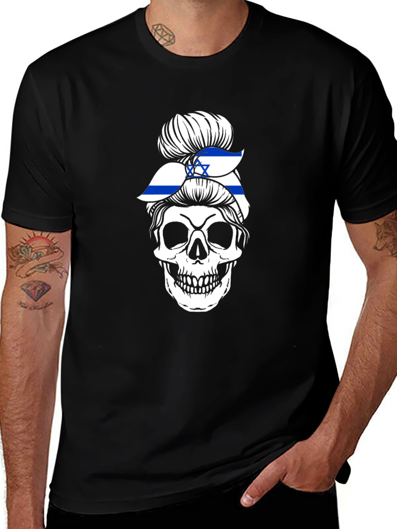 Skull Israel Flag Messy Bun T-Shirt