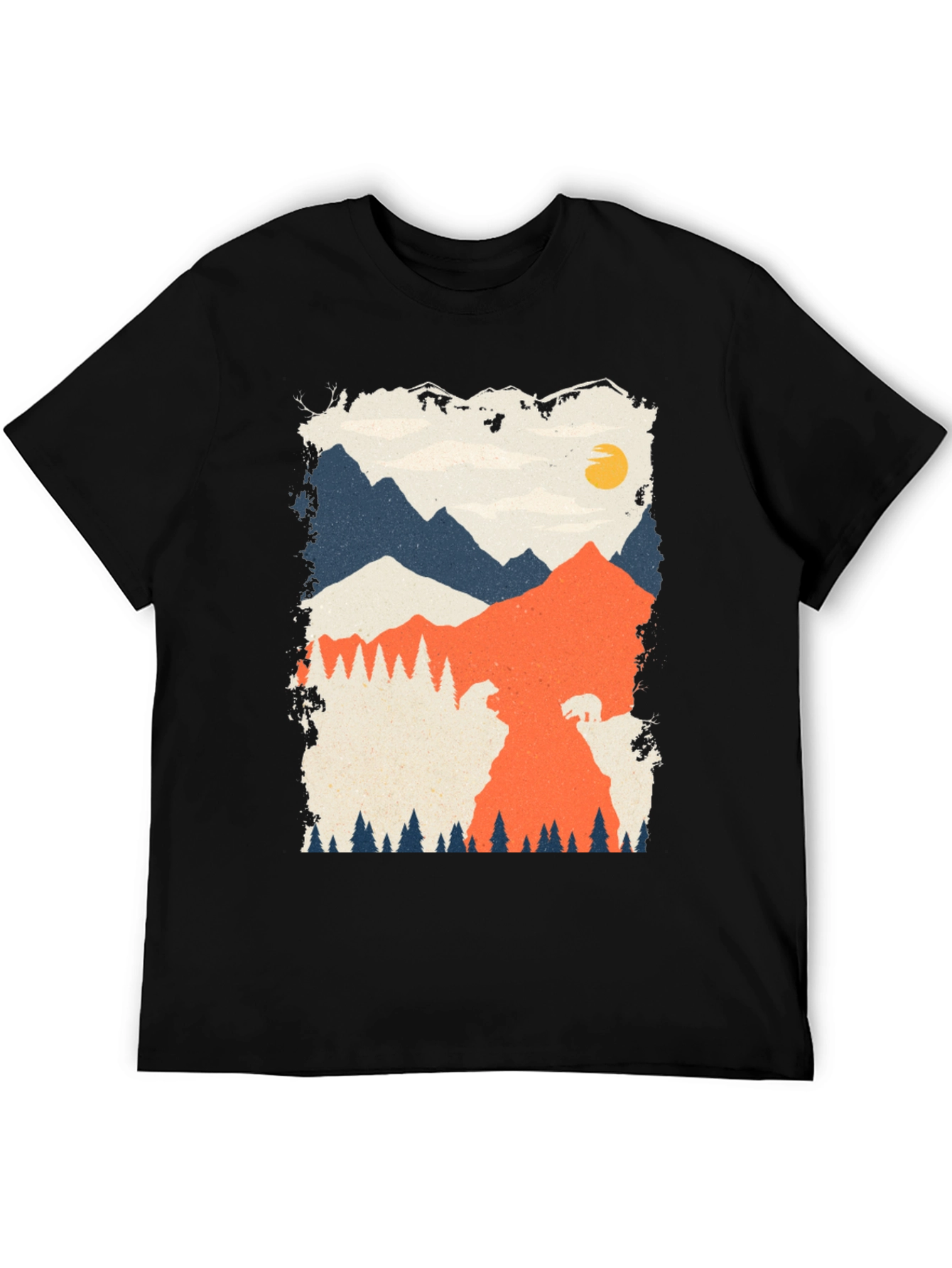 Nature Graphic Tee - Mountain Bear Print Black T-Shirt