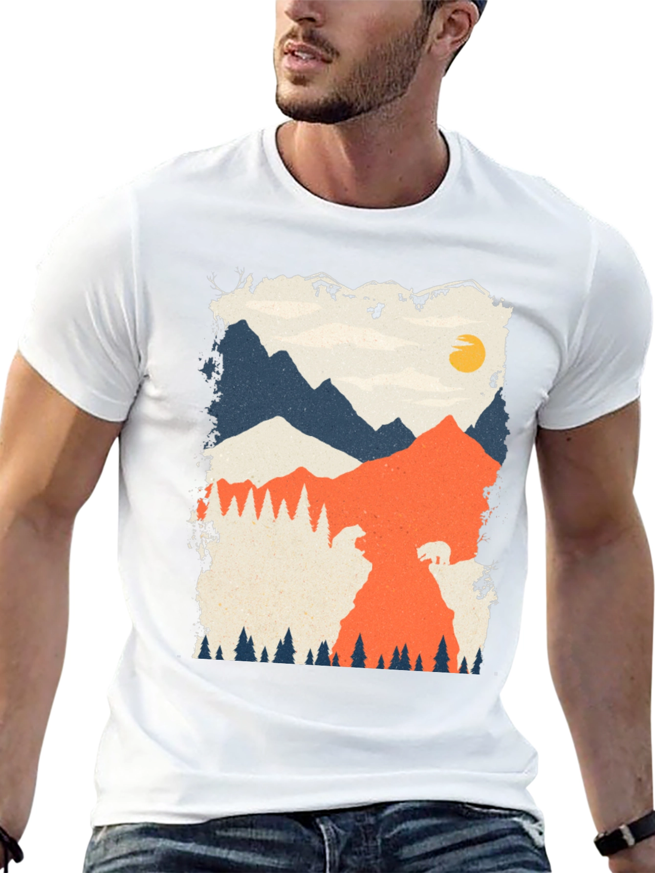 Nature Graphic Tee - Mountain Bear Print Black T-Shirt