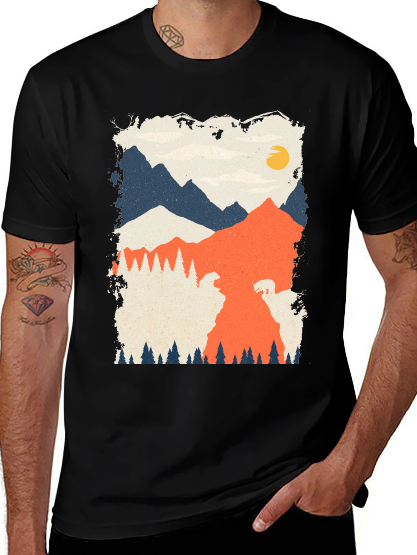 Nature Graphic Tee - Mountain Bear Print Black T-Shirt
