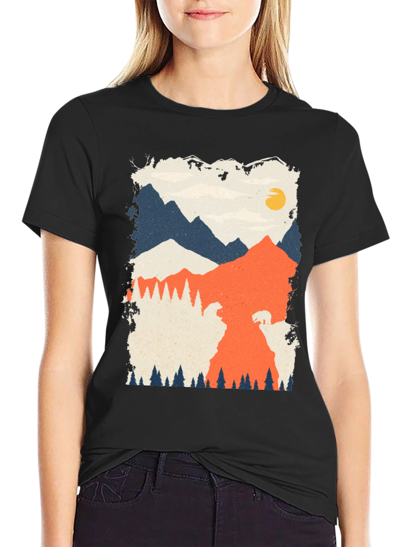 Nature Graphic Tee - Mountain Bear Print Black T-Shirt