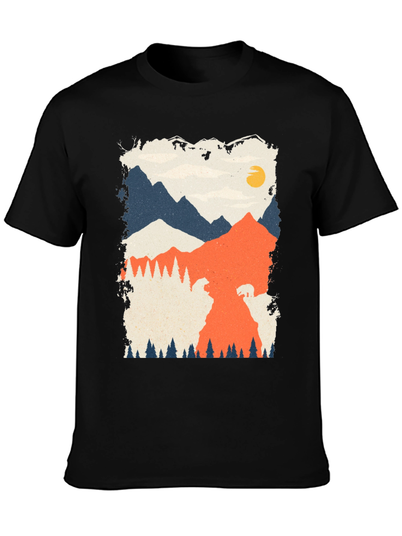 Nature Graphic Tee - Mountain Bear Print Black T-Shirt
