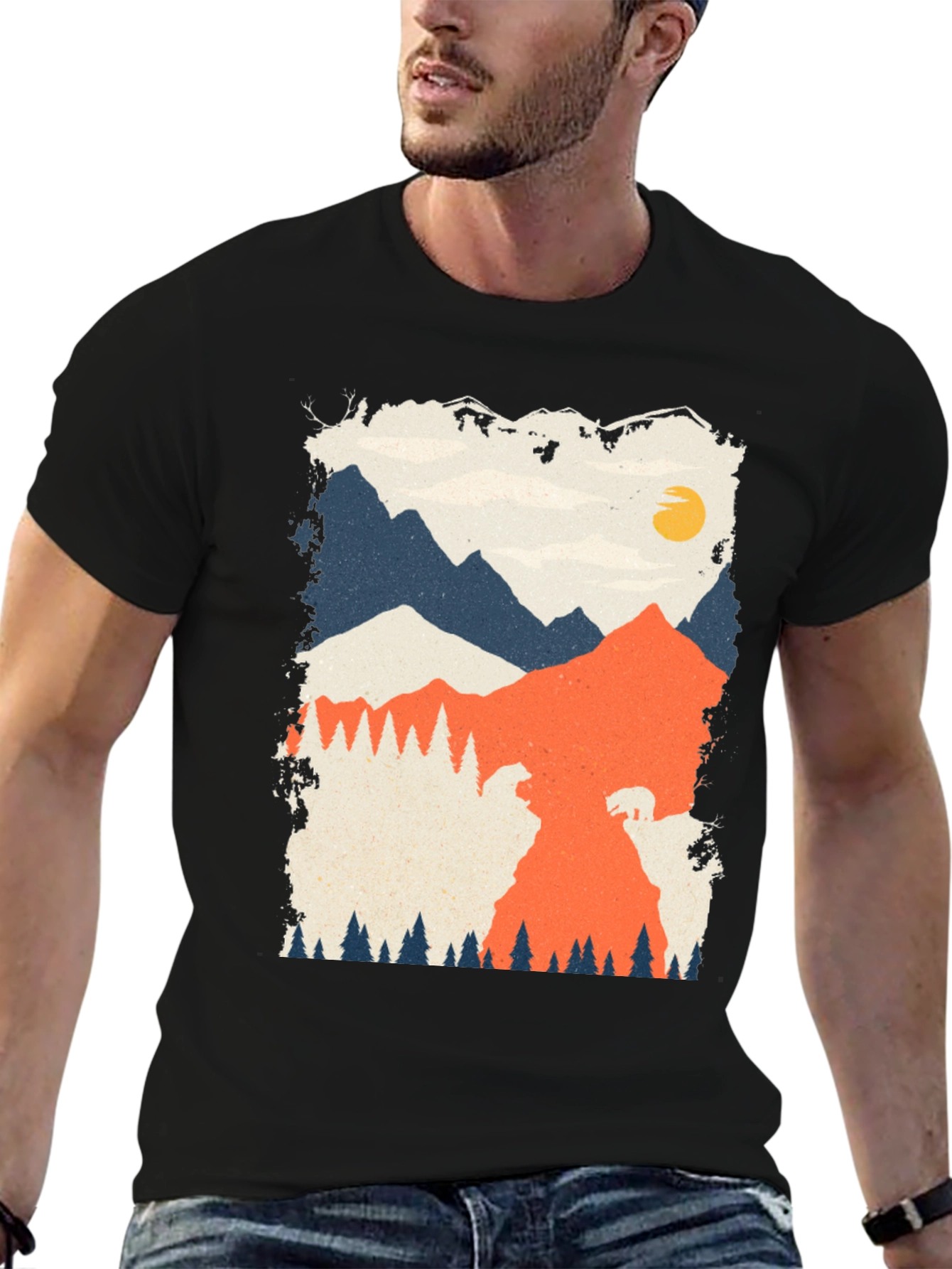 Nature Graphic Tee - Mountain Bear Print Black T-Shirt