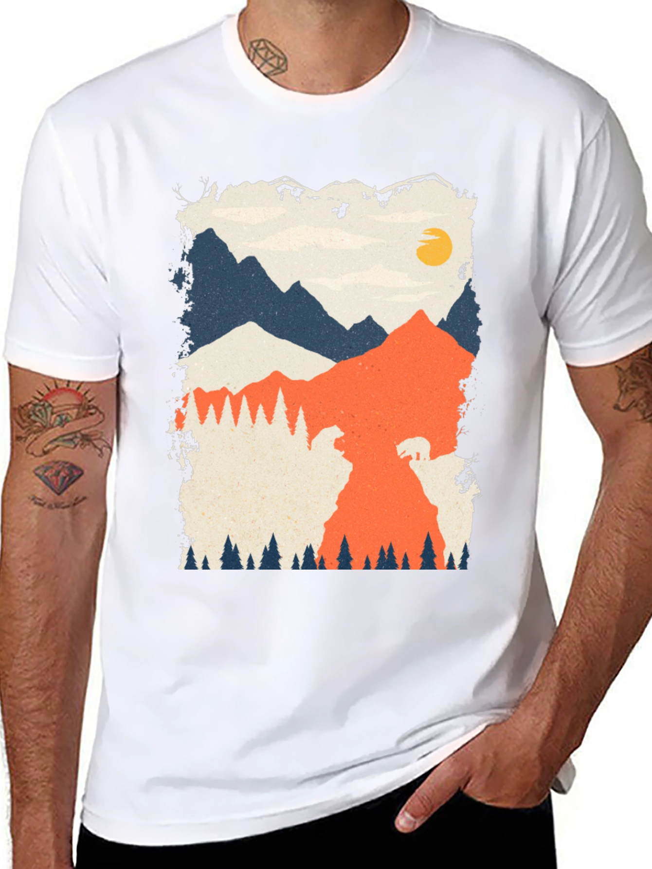 Nature Graphic Tee - Mountain Bear Print Black T-Shirt