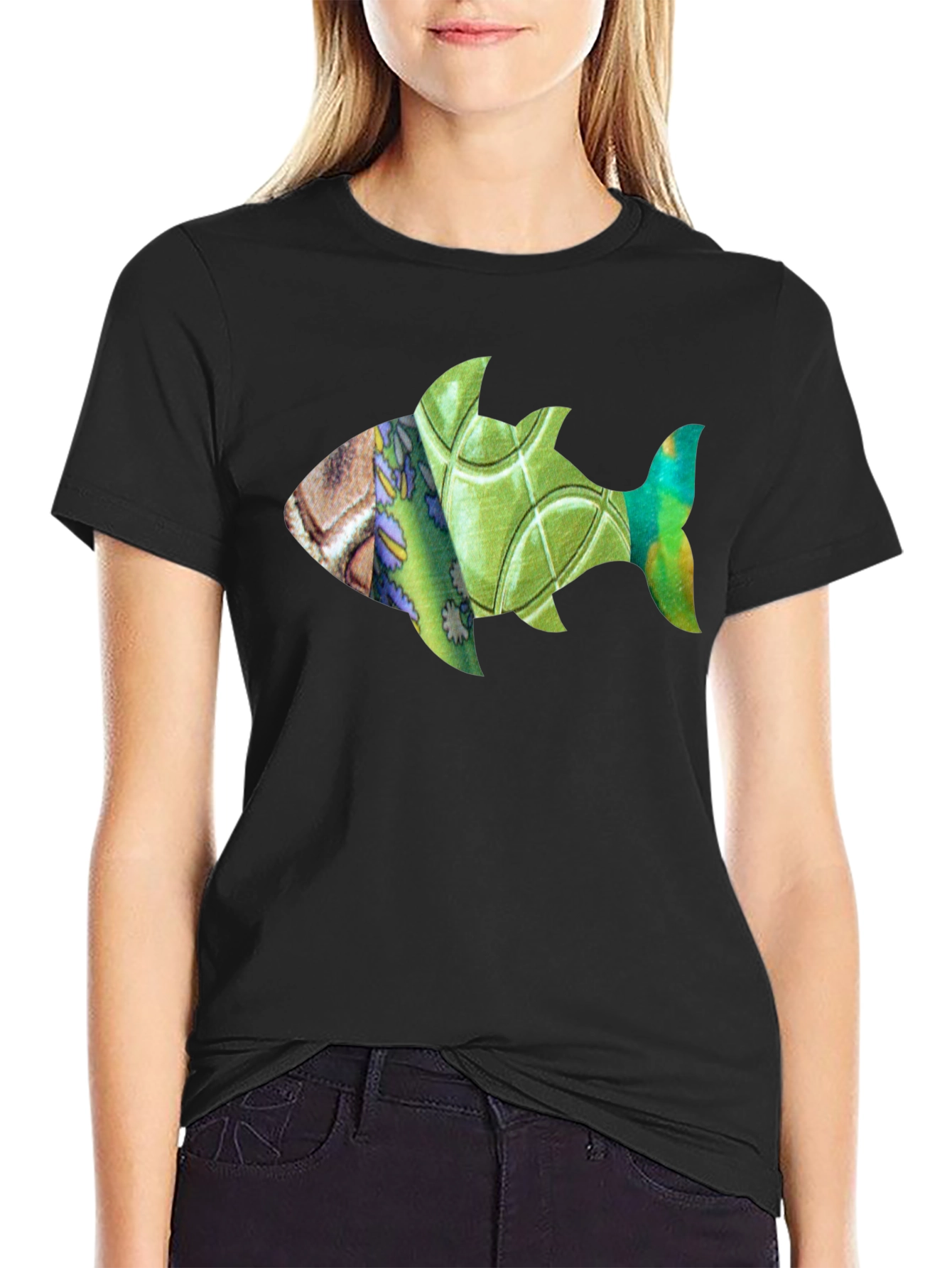 Artistic Fish Print Black T-Shirt