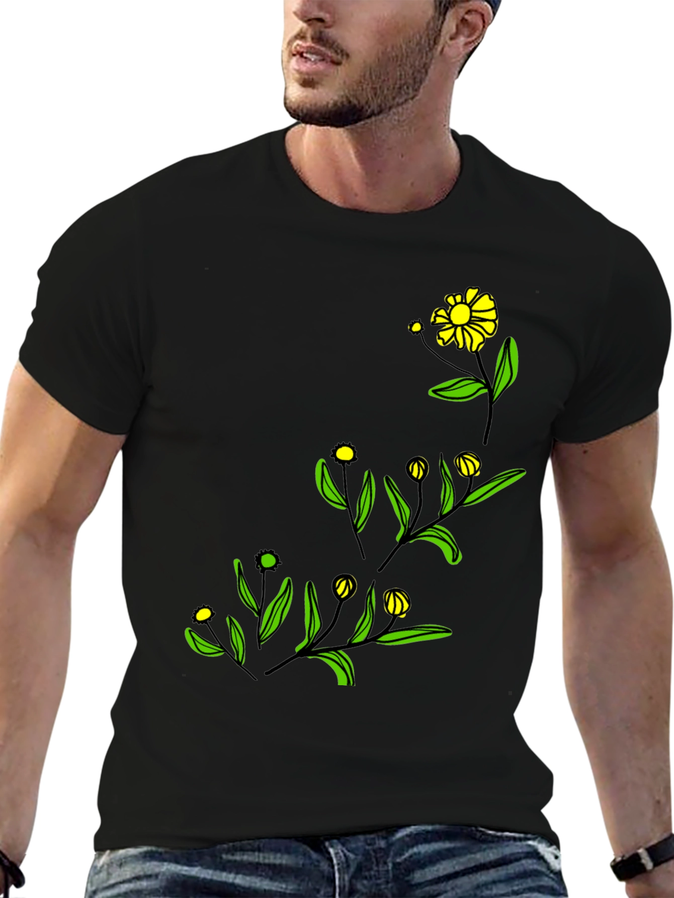 Black Floral Graphic Tee - Modern Botanical Design