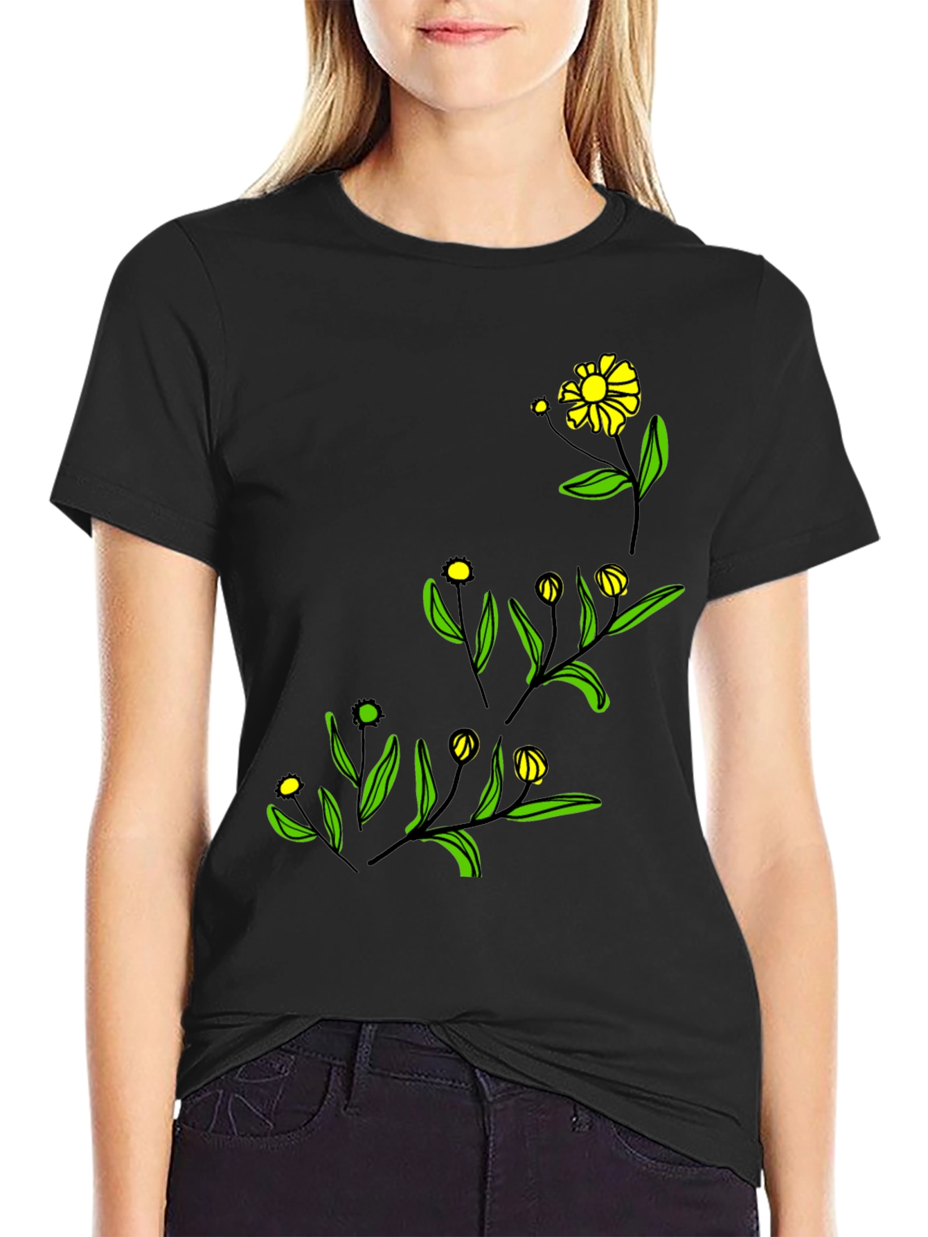 Black Floral Graphic Tee - Modern Botanical Design