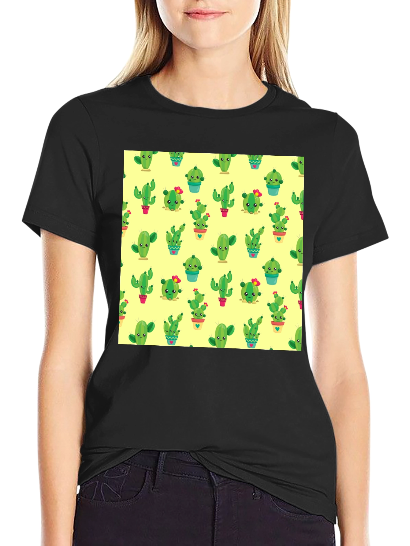 Cactus Print Black T-Shirt - Trendy & Fun