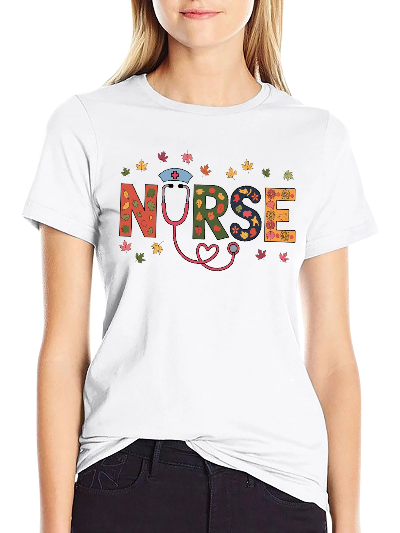 Fall Nurse Graphic Tee - Autumn Leaves Design