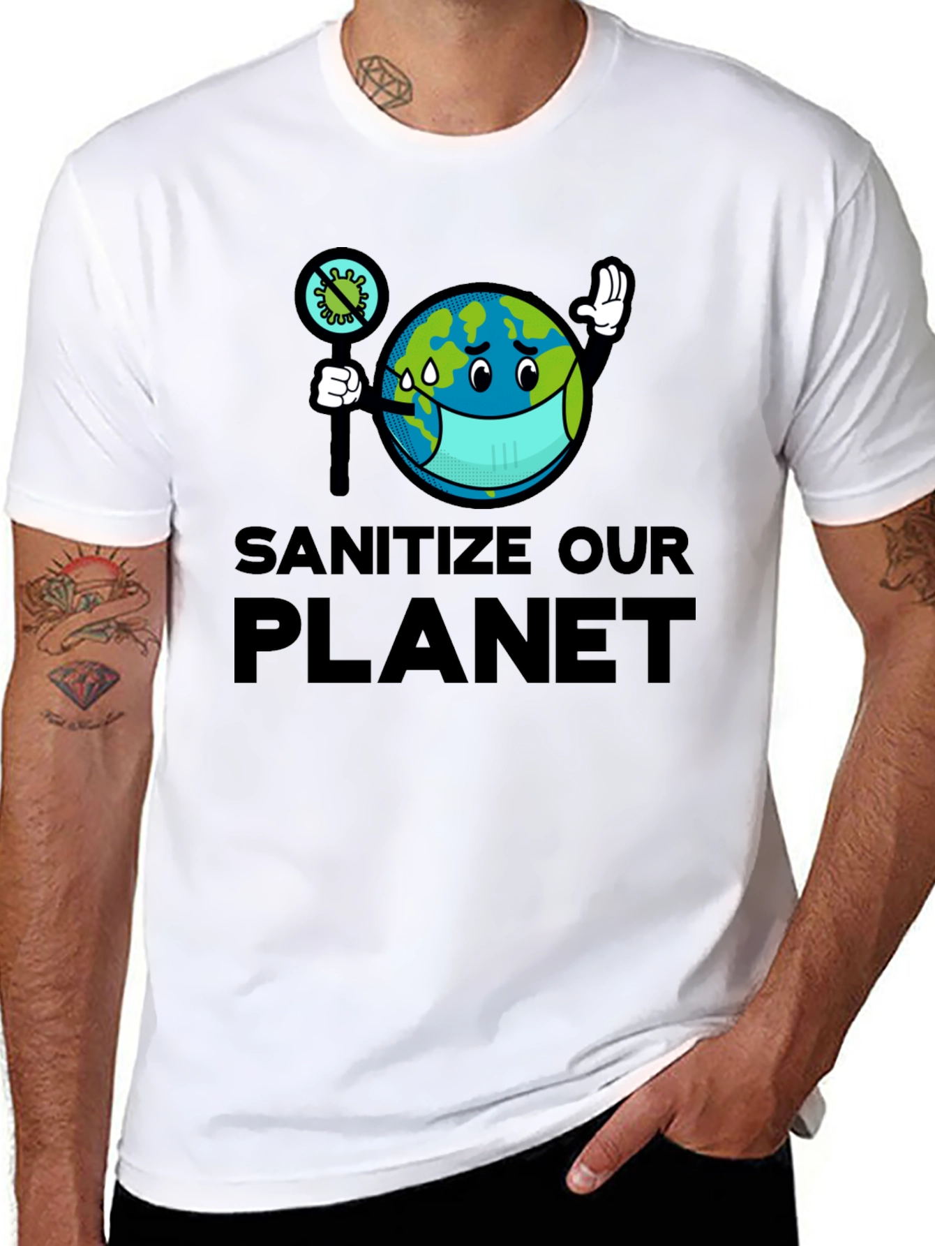 Sanitize Our Planet T-Shirt - Earth Cartoon Graphic Tee