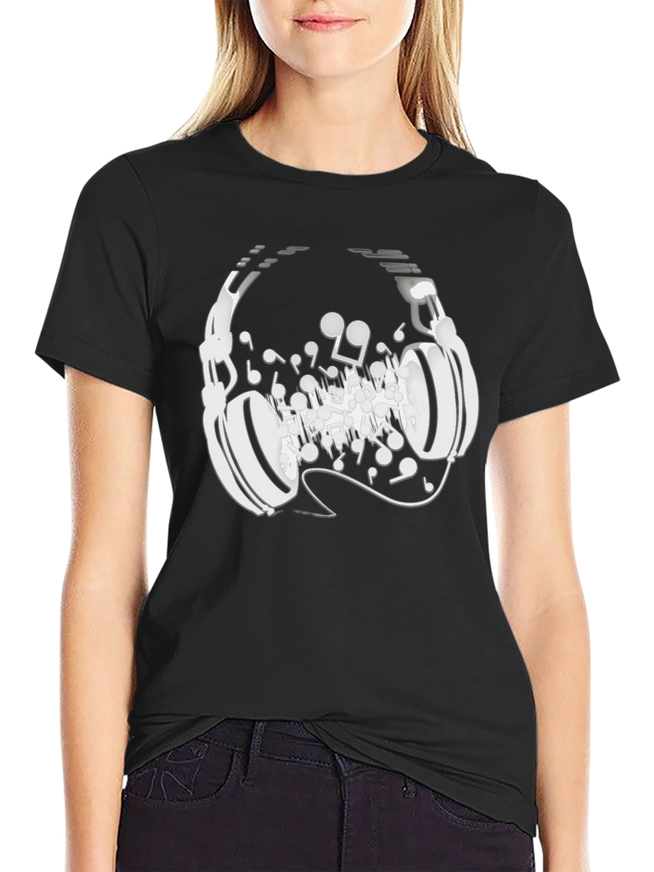 Headphones Music Notes Graphic Tee - Black