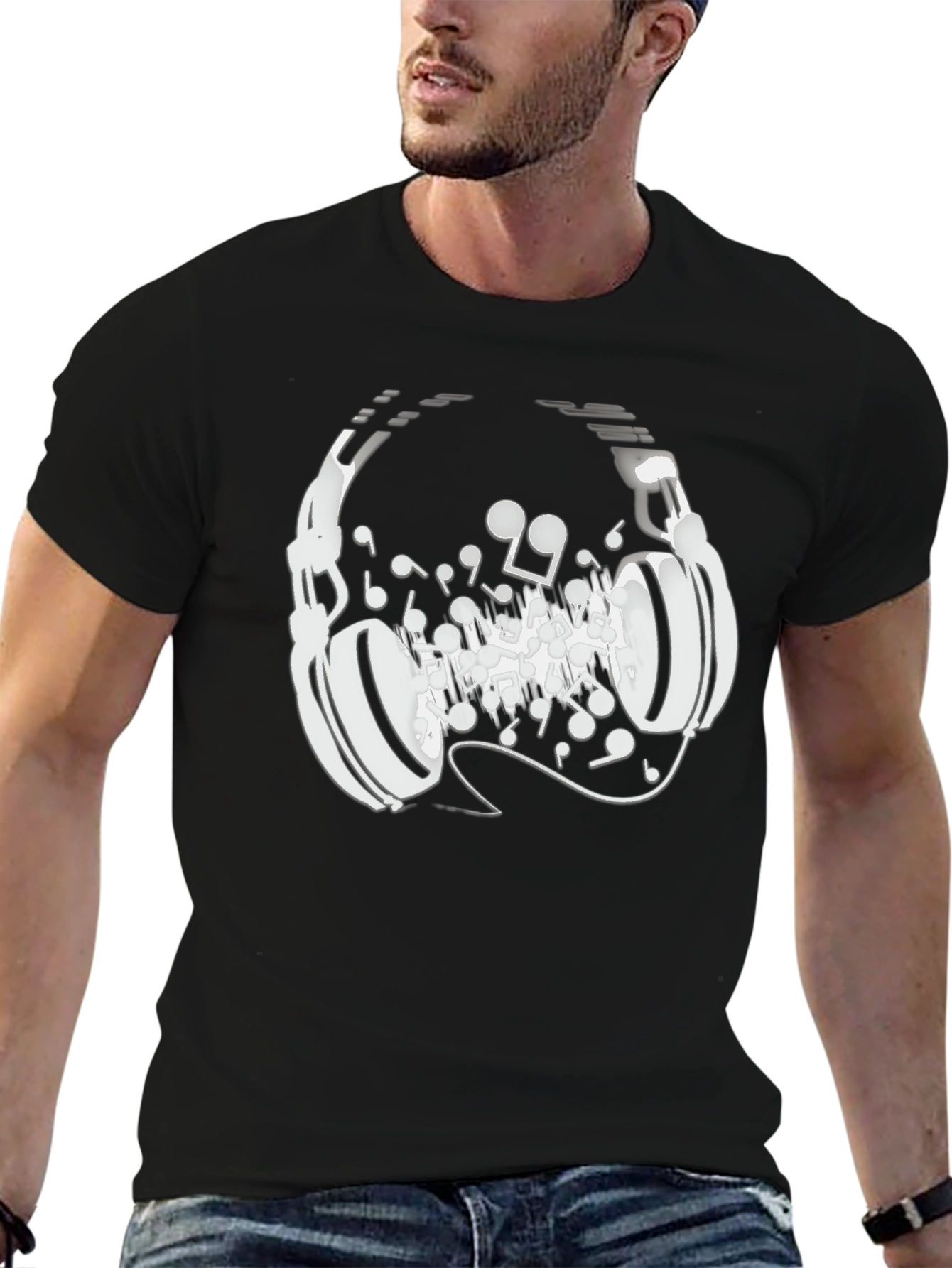 Headphones Music Notes Graphic Tee - Black