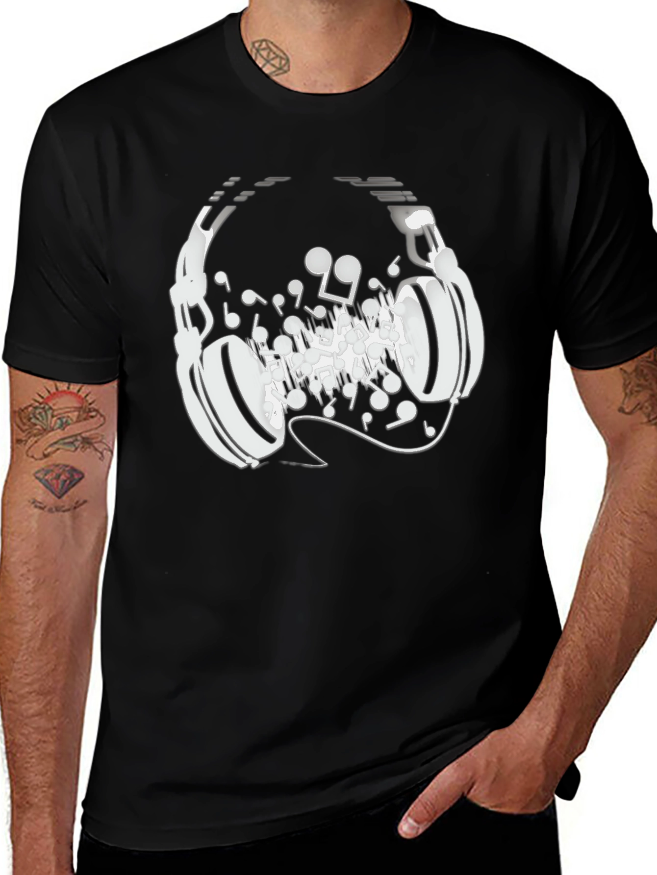 Headphones Music Notes Graphic Tee - Black