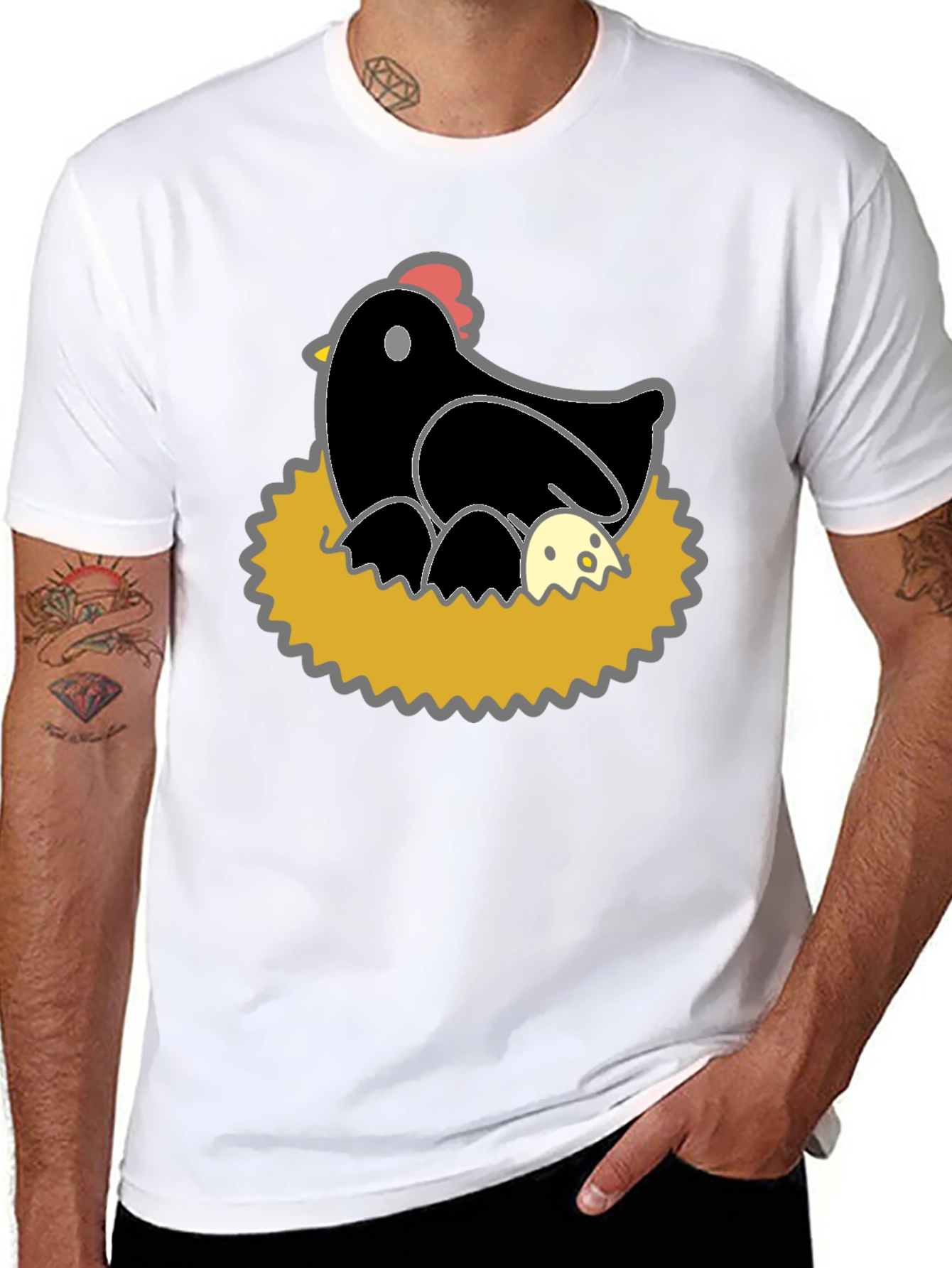 Funny Hen and Eggs Graphic T-Shirt - Black