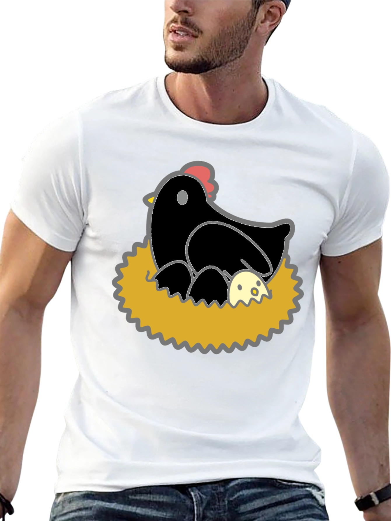 Funny Hen and Eggs Graphic T-Shirt - Black