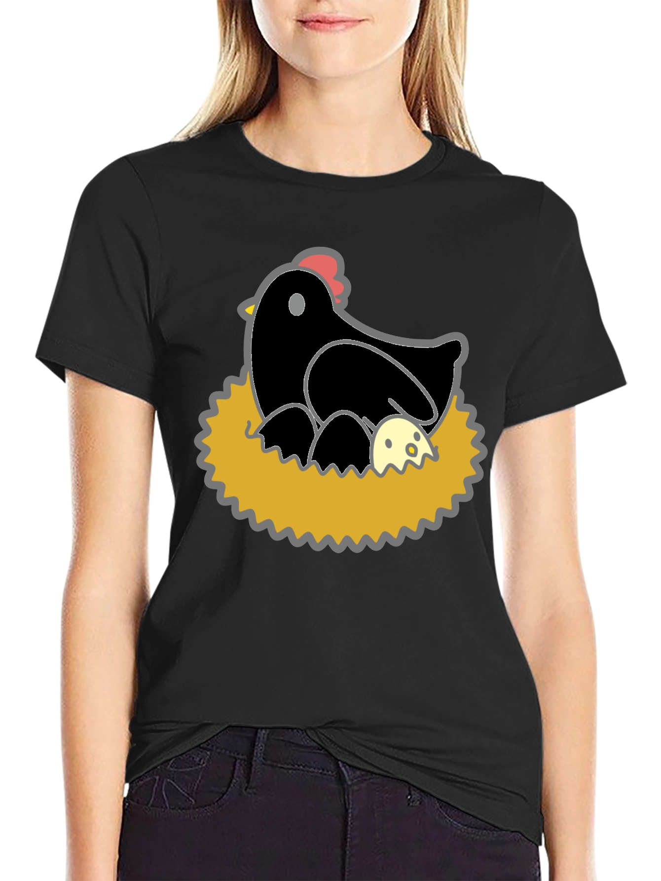 Funny Hen and Eggs Graphic T-Shirt - Black