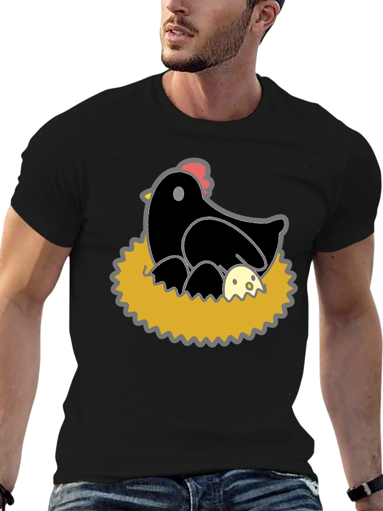 Funny Hen and Eggs Graphic T-Shirt - Black