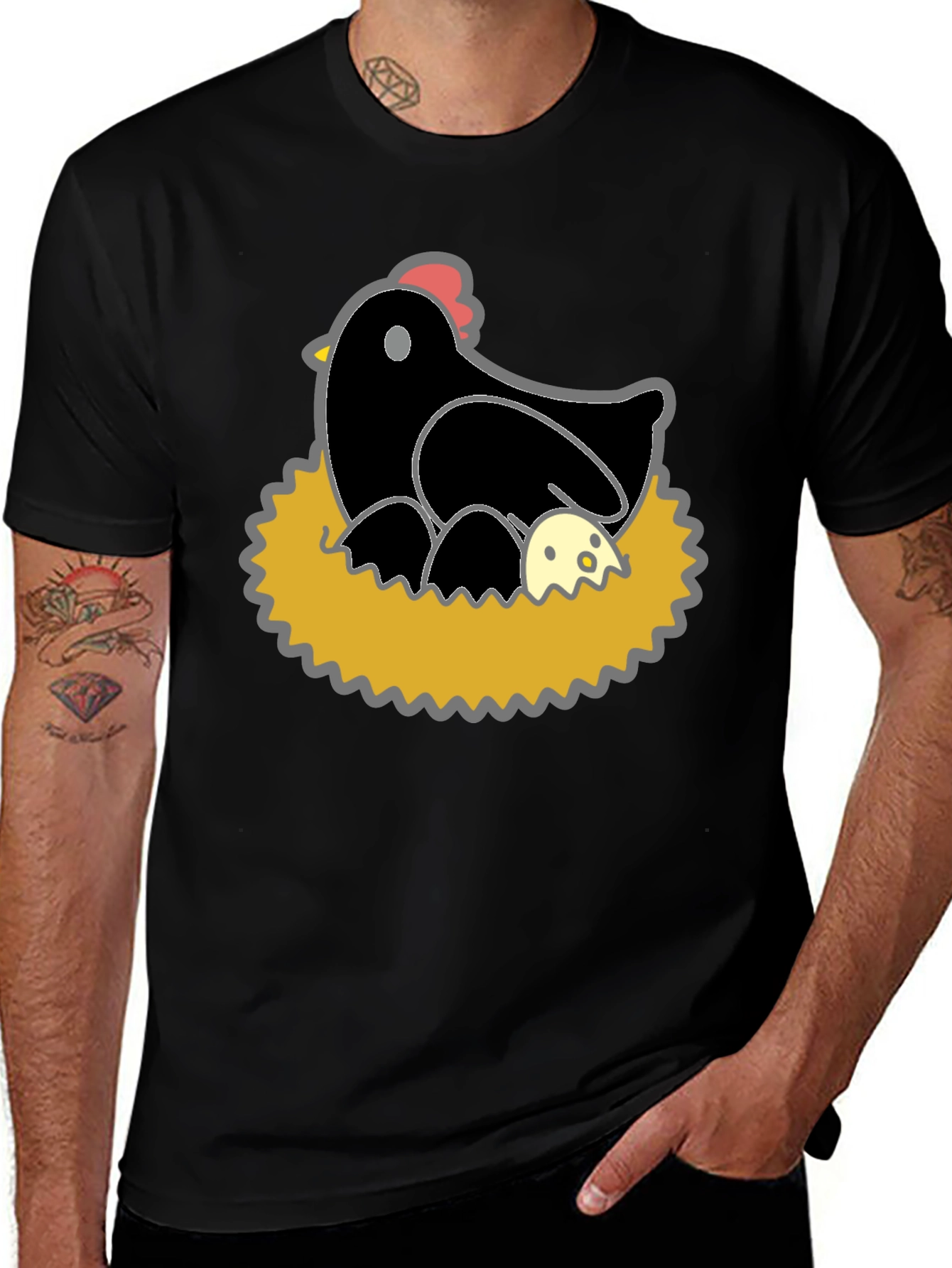 Funny Hen and Eggs Graphic T-Shirt - Black