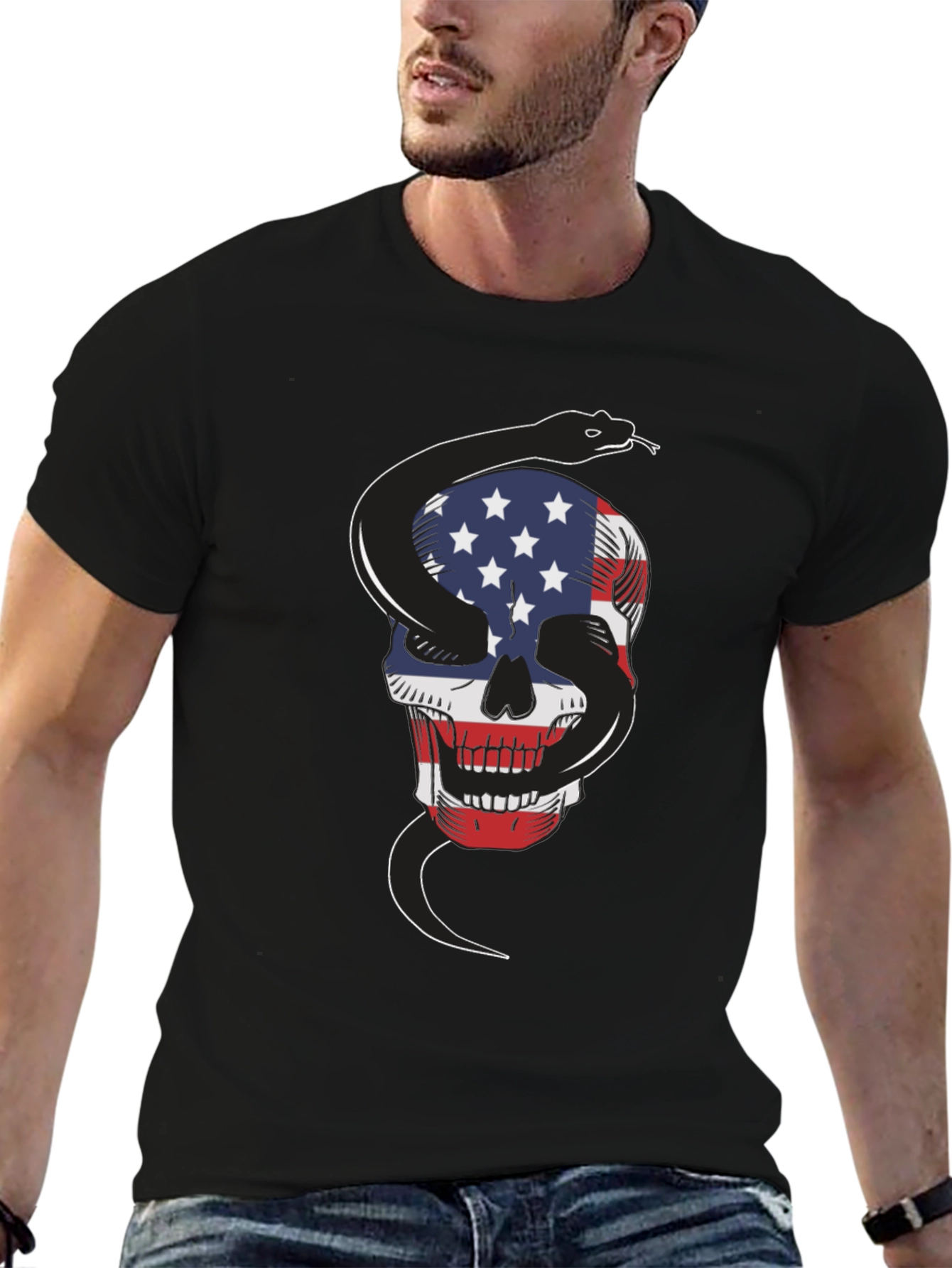 American Flag Skull & Snake Graphic T-Shirt