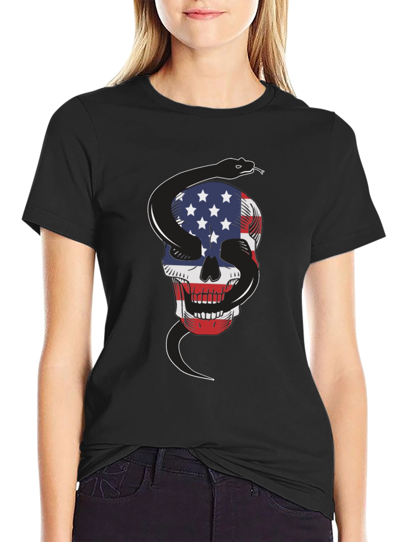 American Flag Skull & Snake Graphic T-Shirt