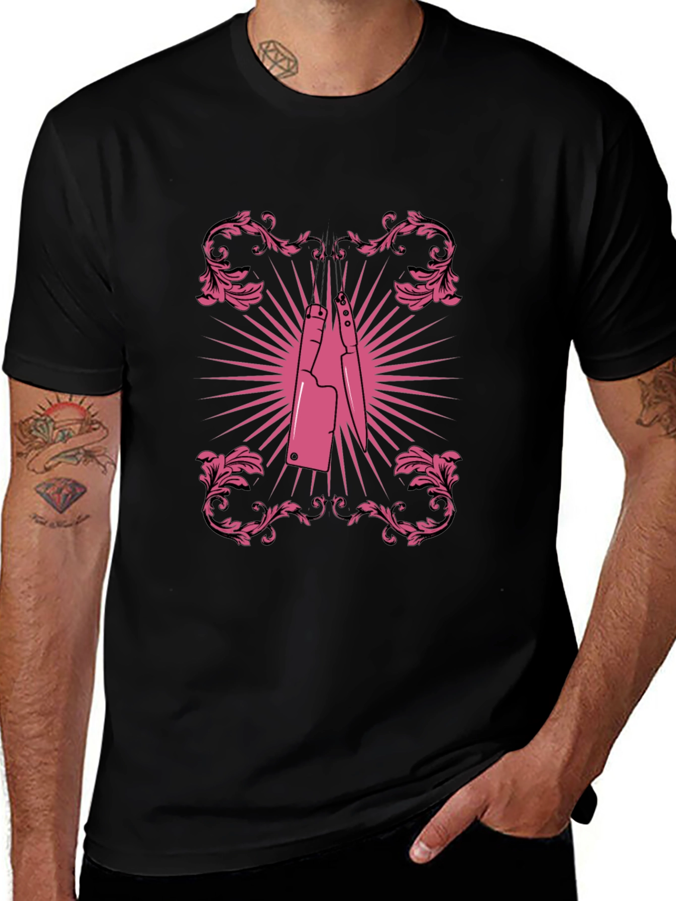 Pink Butcher Knife Graphic Black T-Shirt