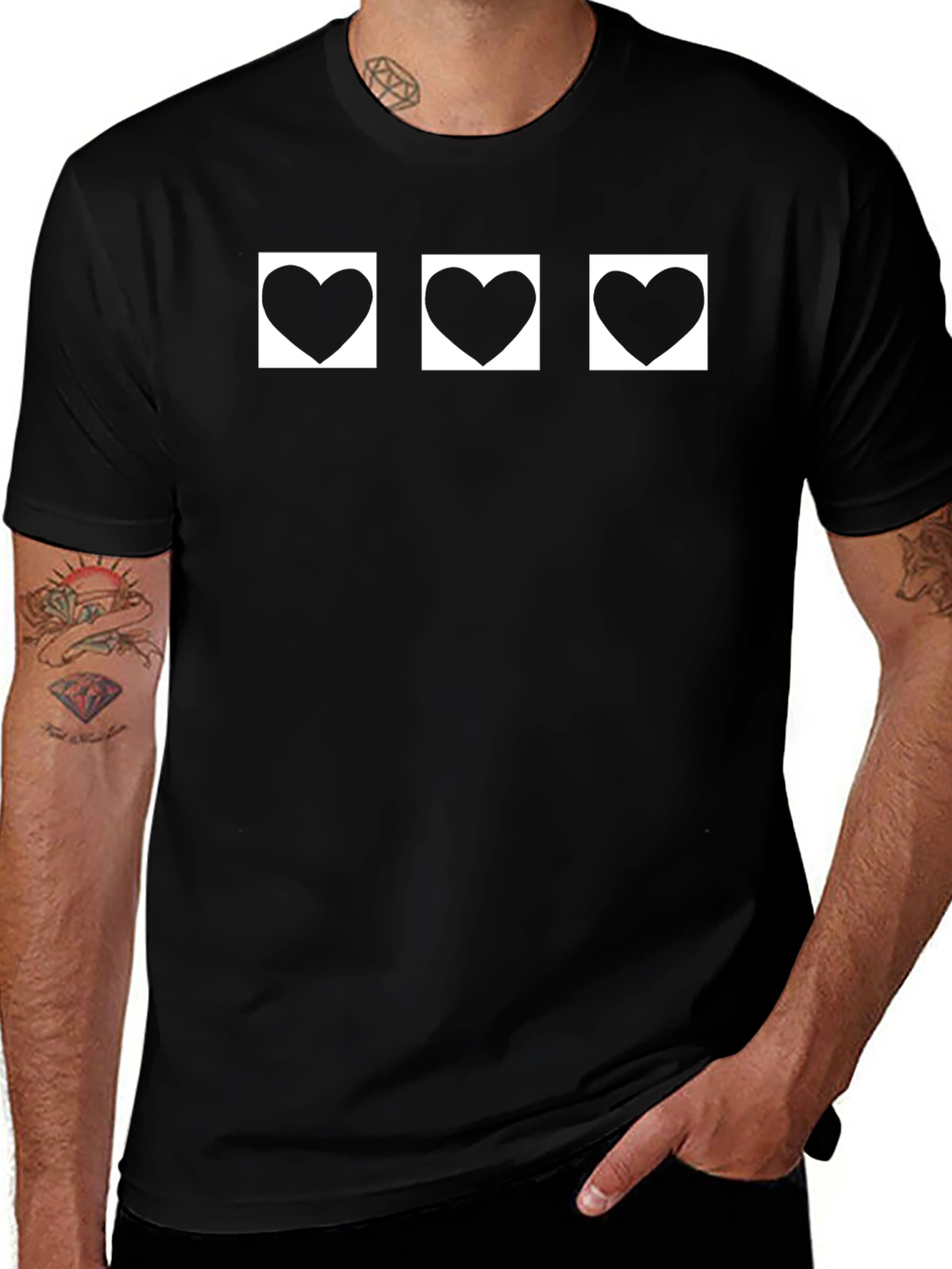 Black T-Shirt with Three Heart Graphic