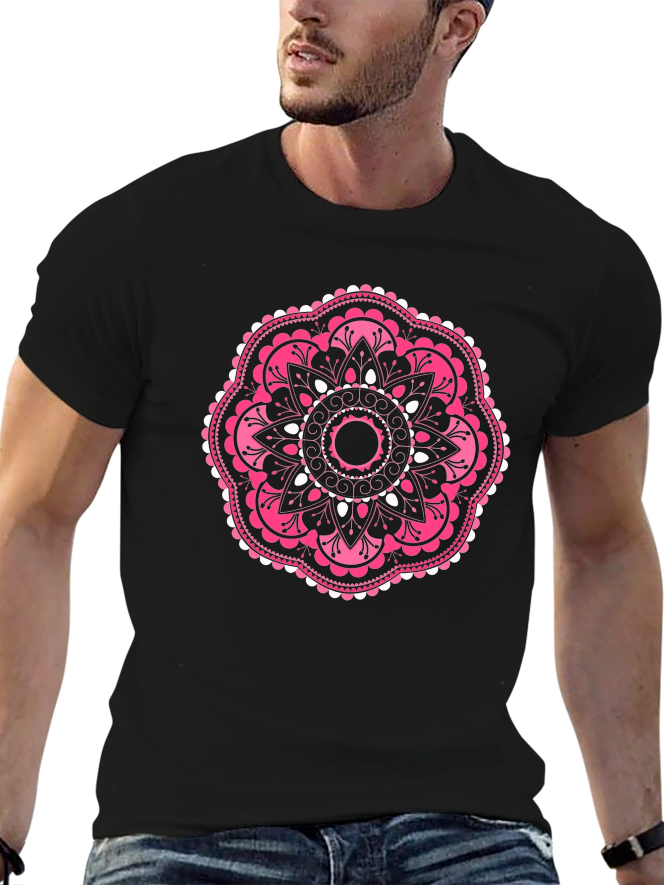 Pink Mandala Graphic Black T-Shirt