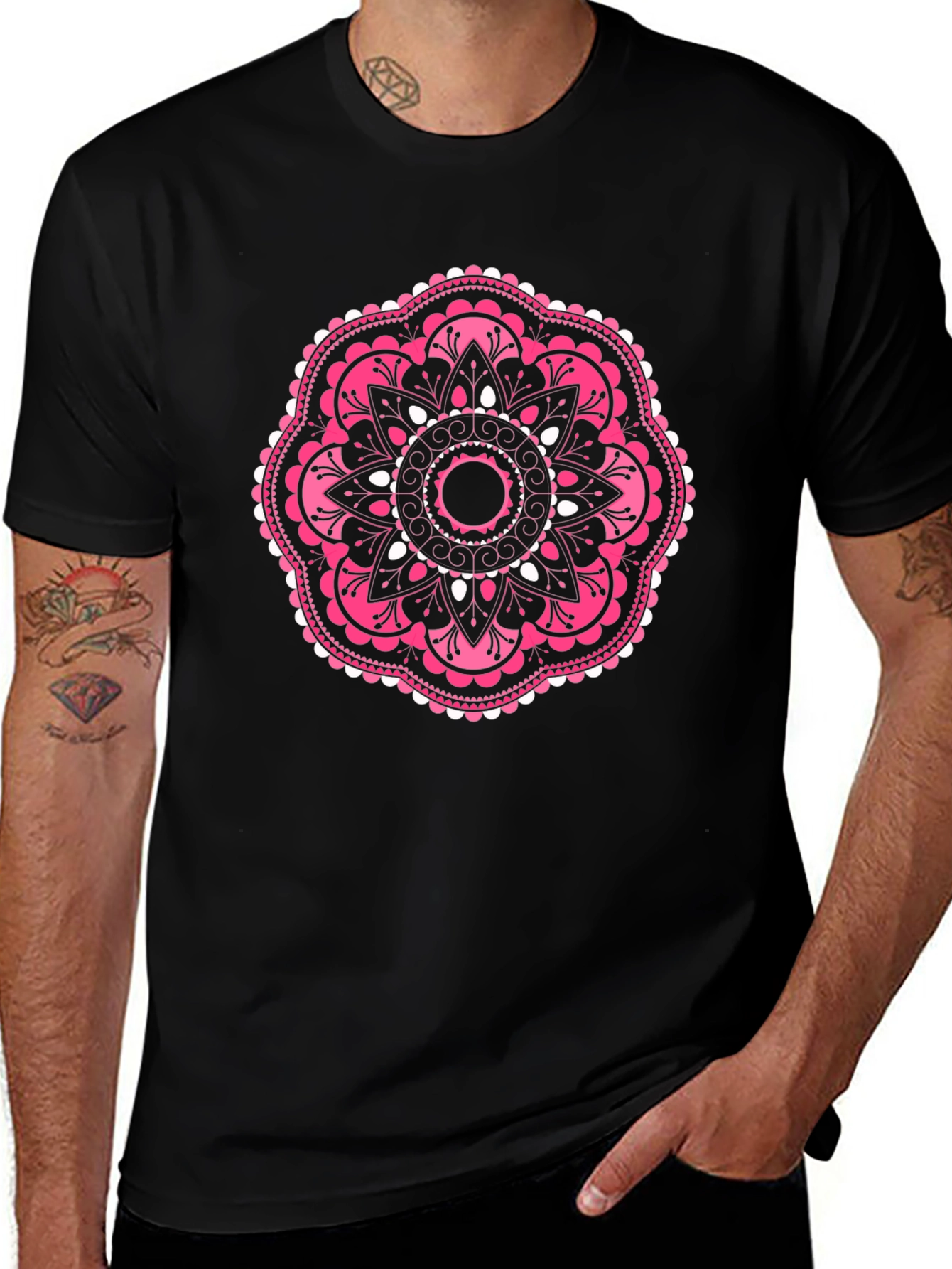 Pink Mandala Graphic Black T-Shirt