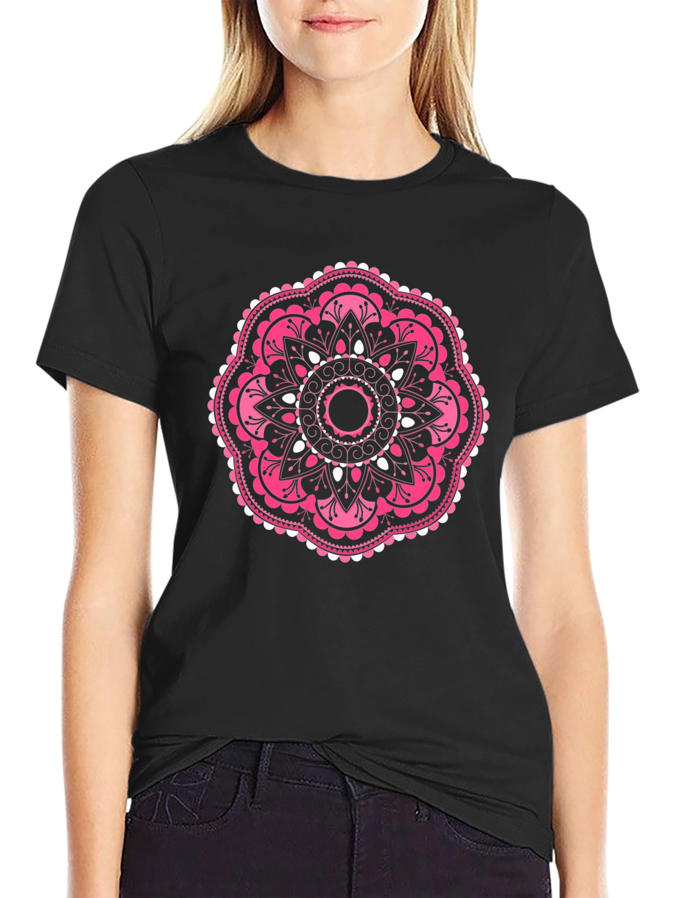 Pink Mandala Graphic Black T-Shirt