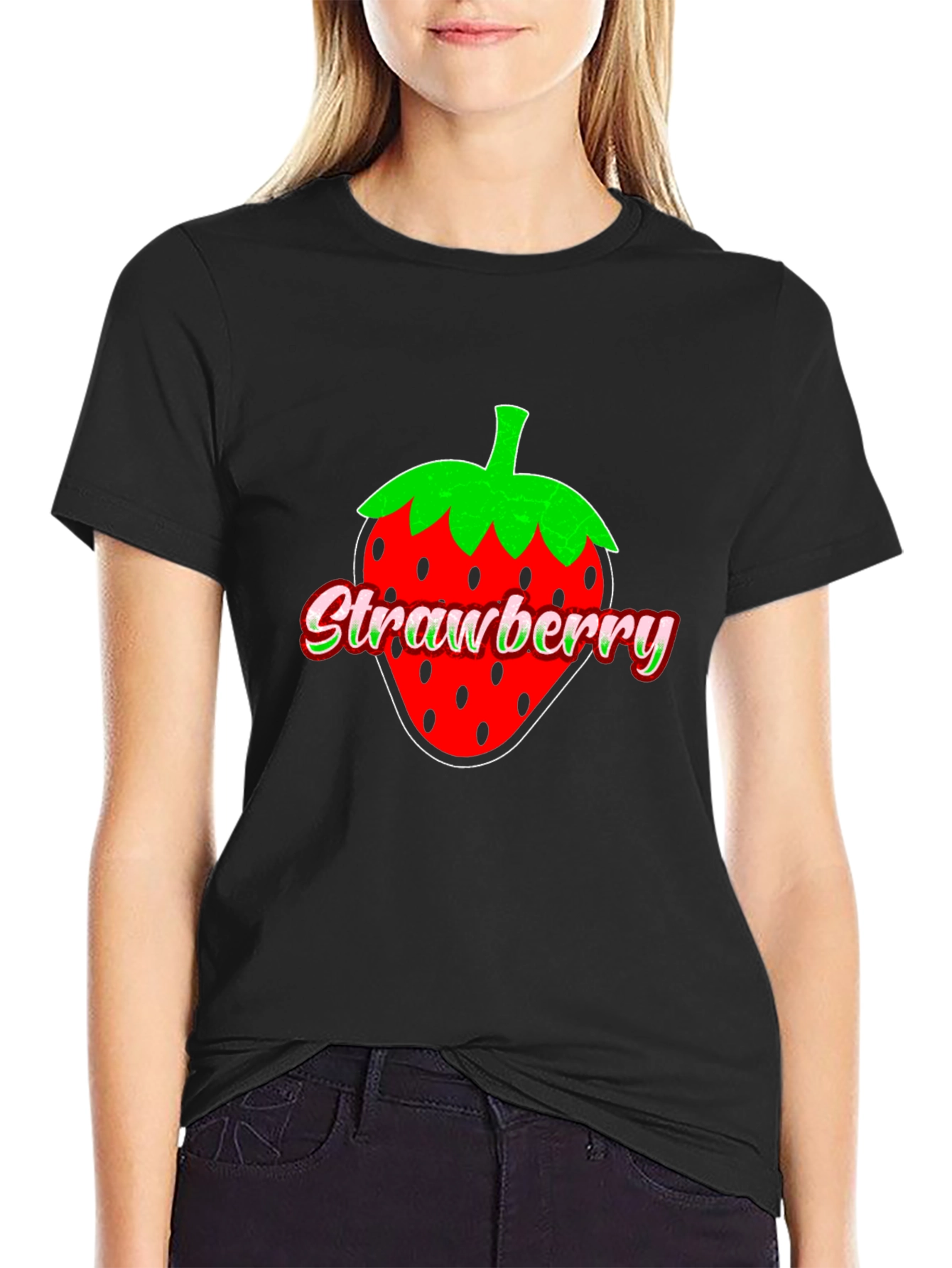 Strawberry Graphic Print Black T-Shirt