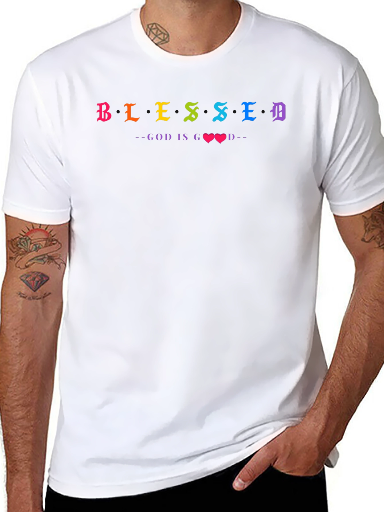 Blessed God Is Good Rainbow Text T-Shirt