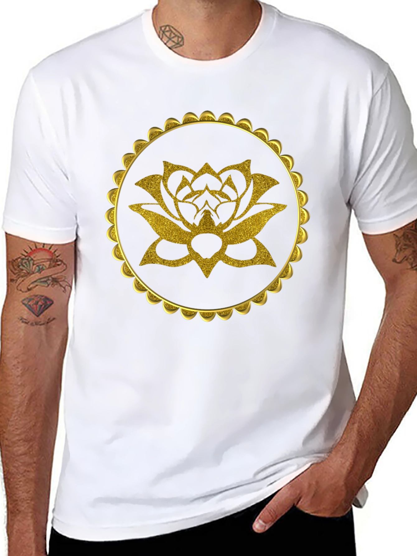 Gold Lotus Flower Graphic Black T-Shirt