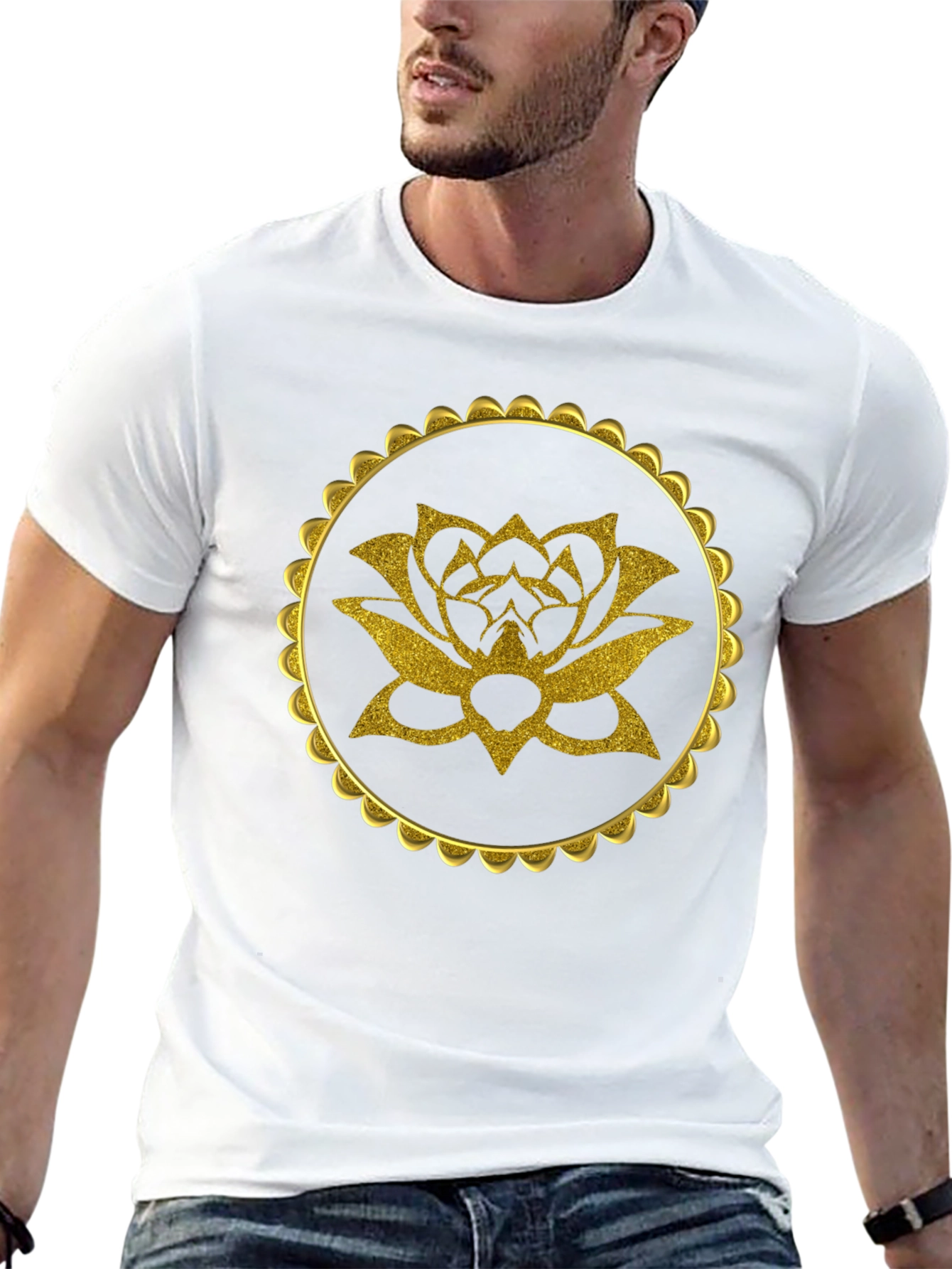 Gold Lotus Flower Graphic Black T-Shirt