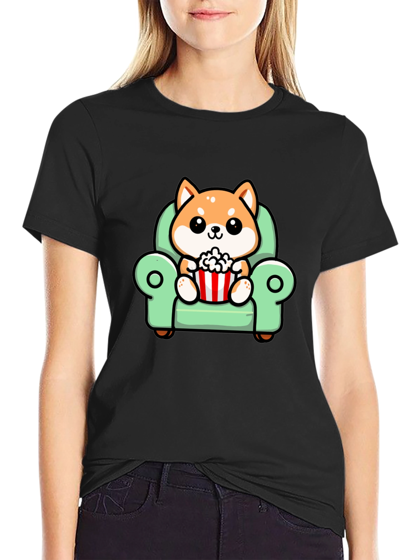 Cute Shiba Inu Dog on Couch Watching Movie T-Shirt