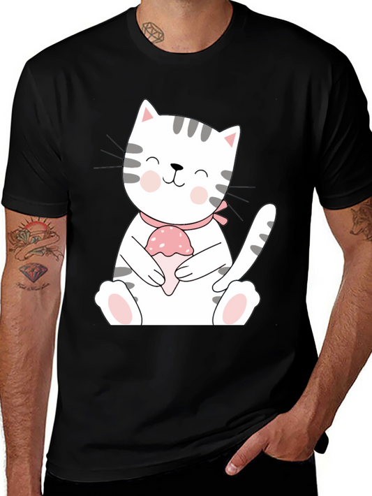 Cute Cat with Ice Cream Graphic Tee - Black Cotton Comfort