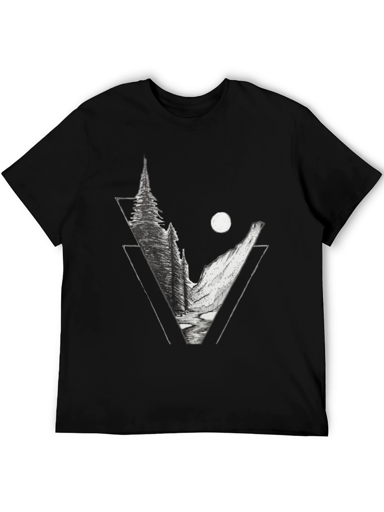 Geometric Mountain Scene Graphic Tee - Black