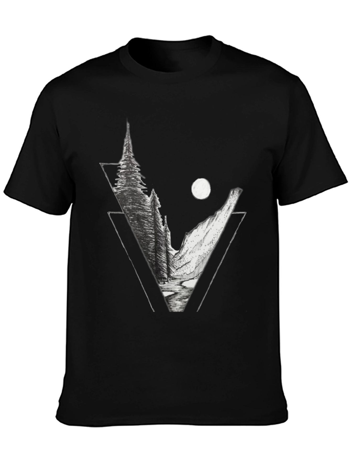 Geometric Mountain Scene Graphic Tee - Black