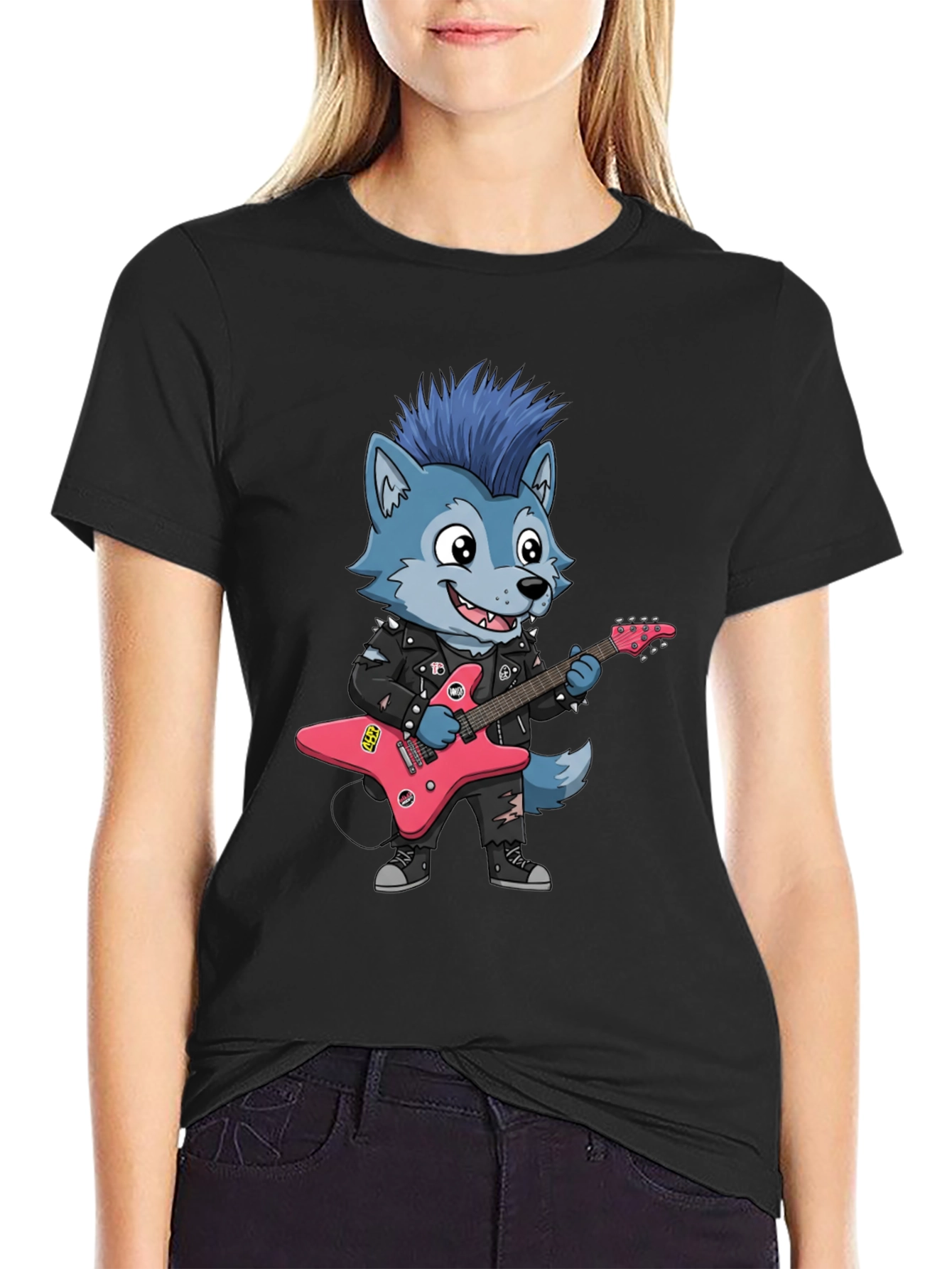 Cool Wolf Rocker Graphic Tee - Black Cotton T-Shirt