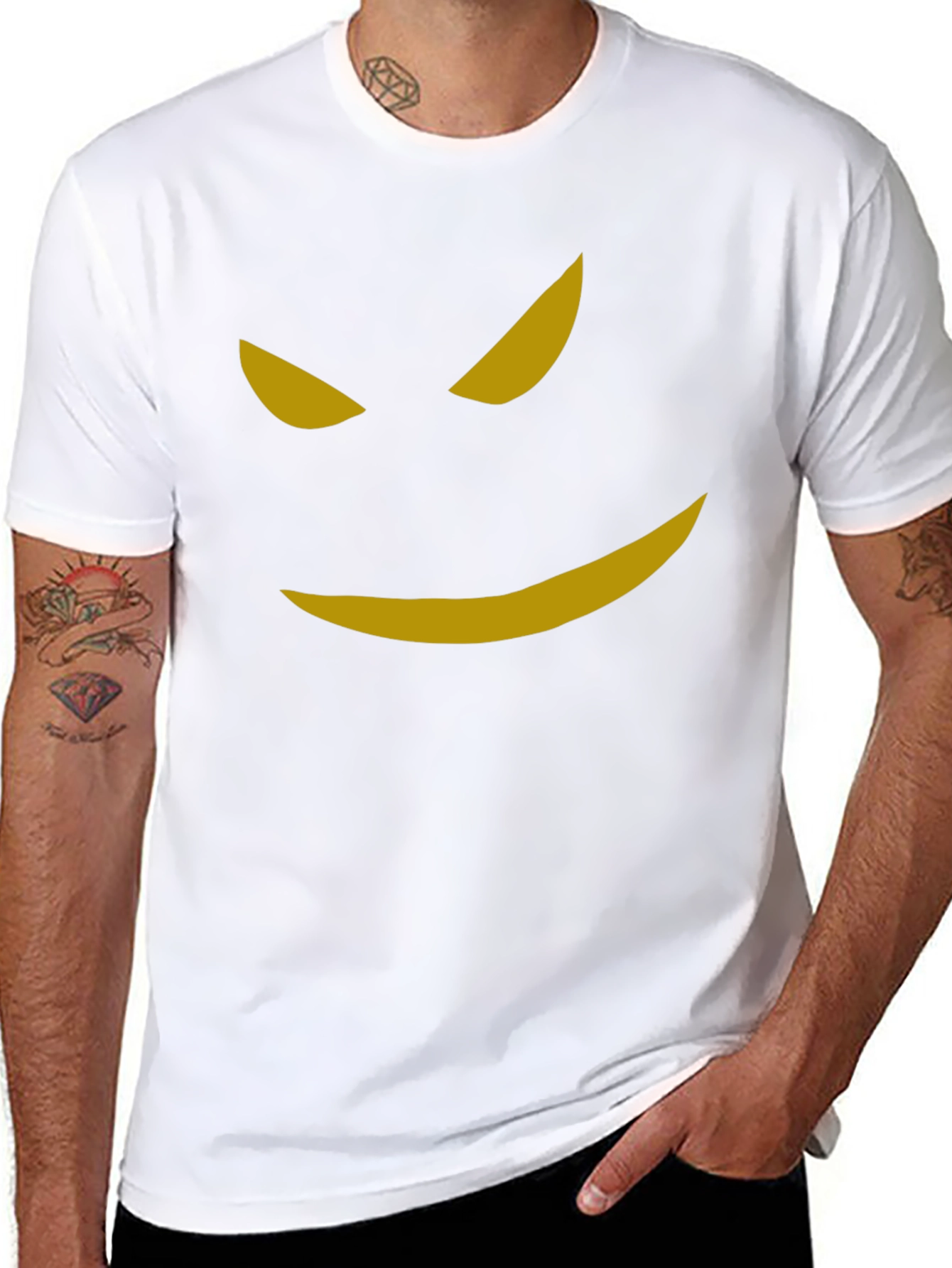 Mens Black T-Shirt with Spooky Golden Smile Graphic