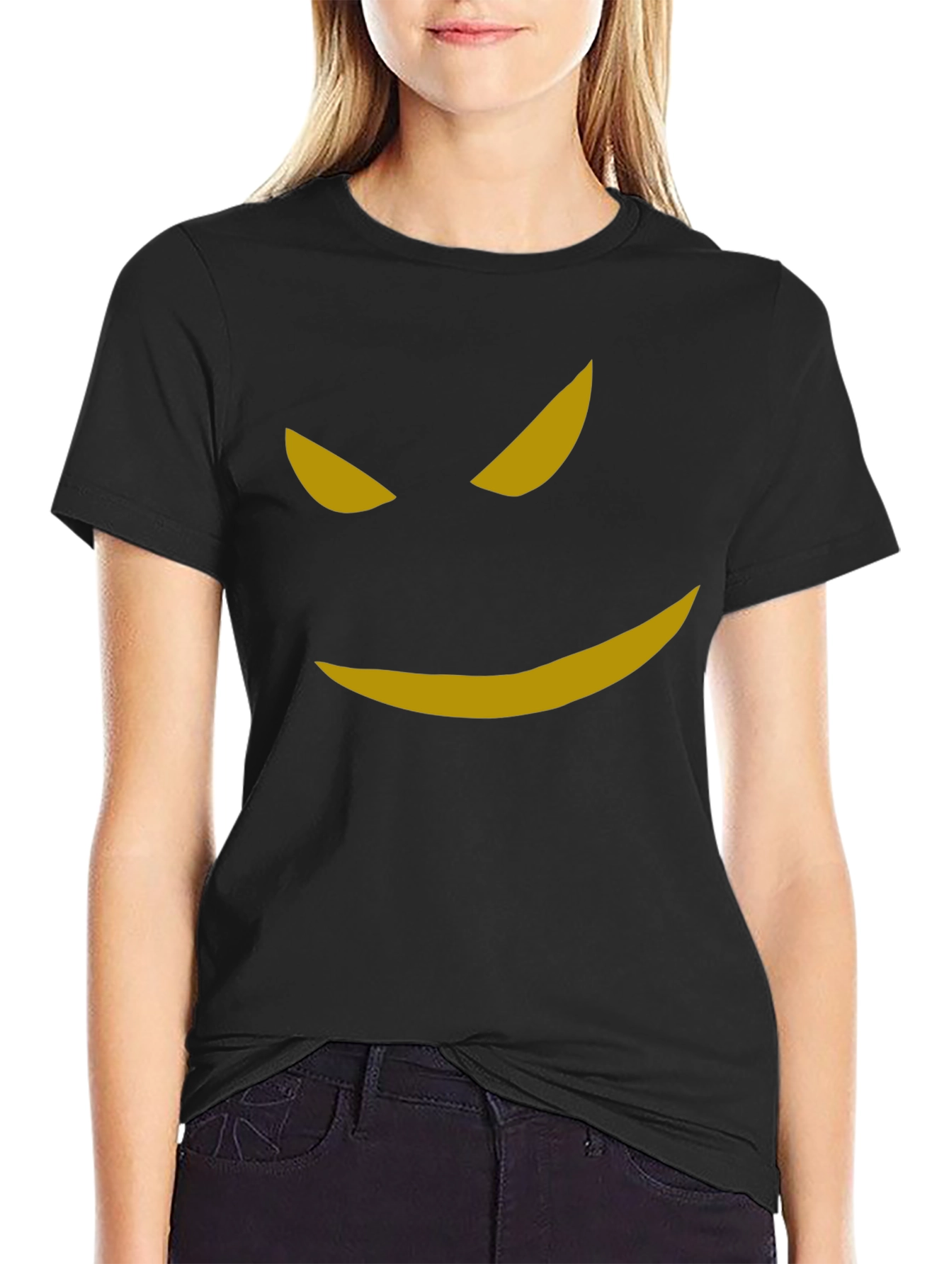 Mens Black T-Shirt with Spooky Golden Smile Graphic