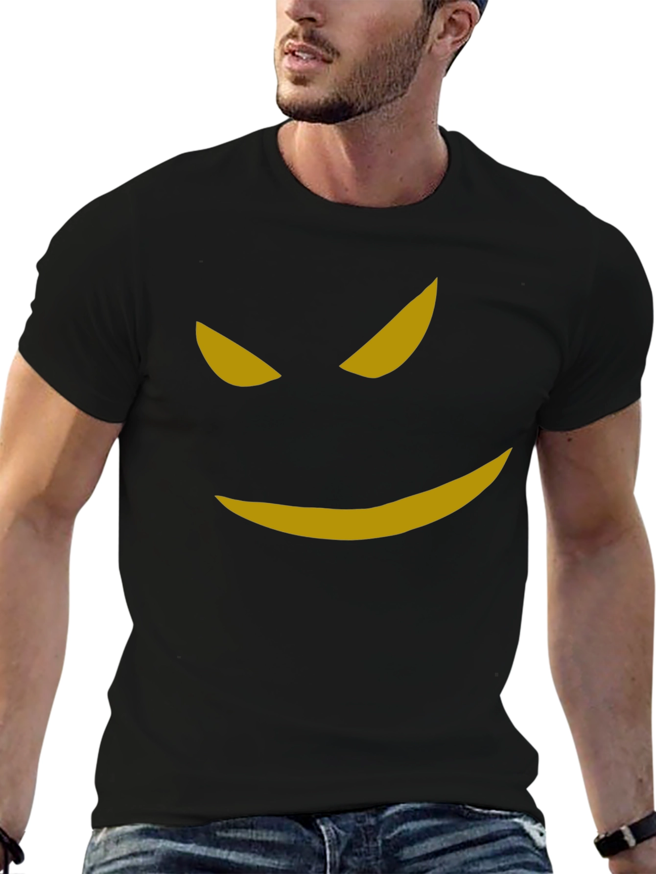 Mens Black T-Shirt with Spooky Golden Smile Graphic