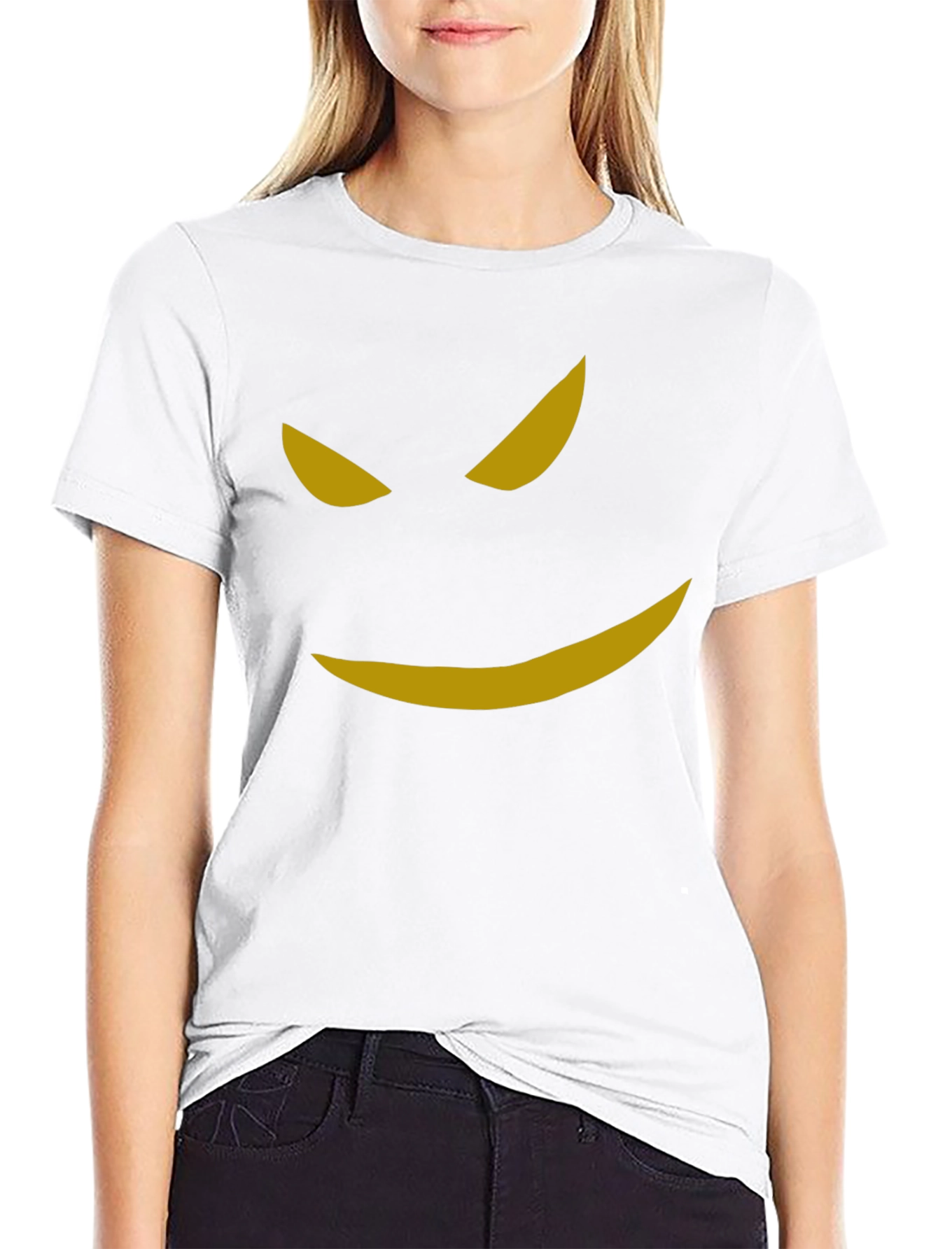 Mens Black T-Shirt with Spooky Golden Smile Graphic