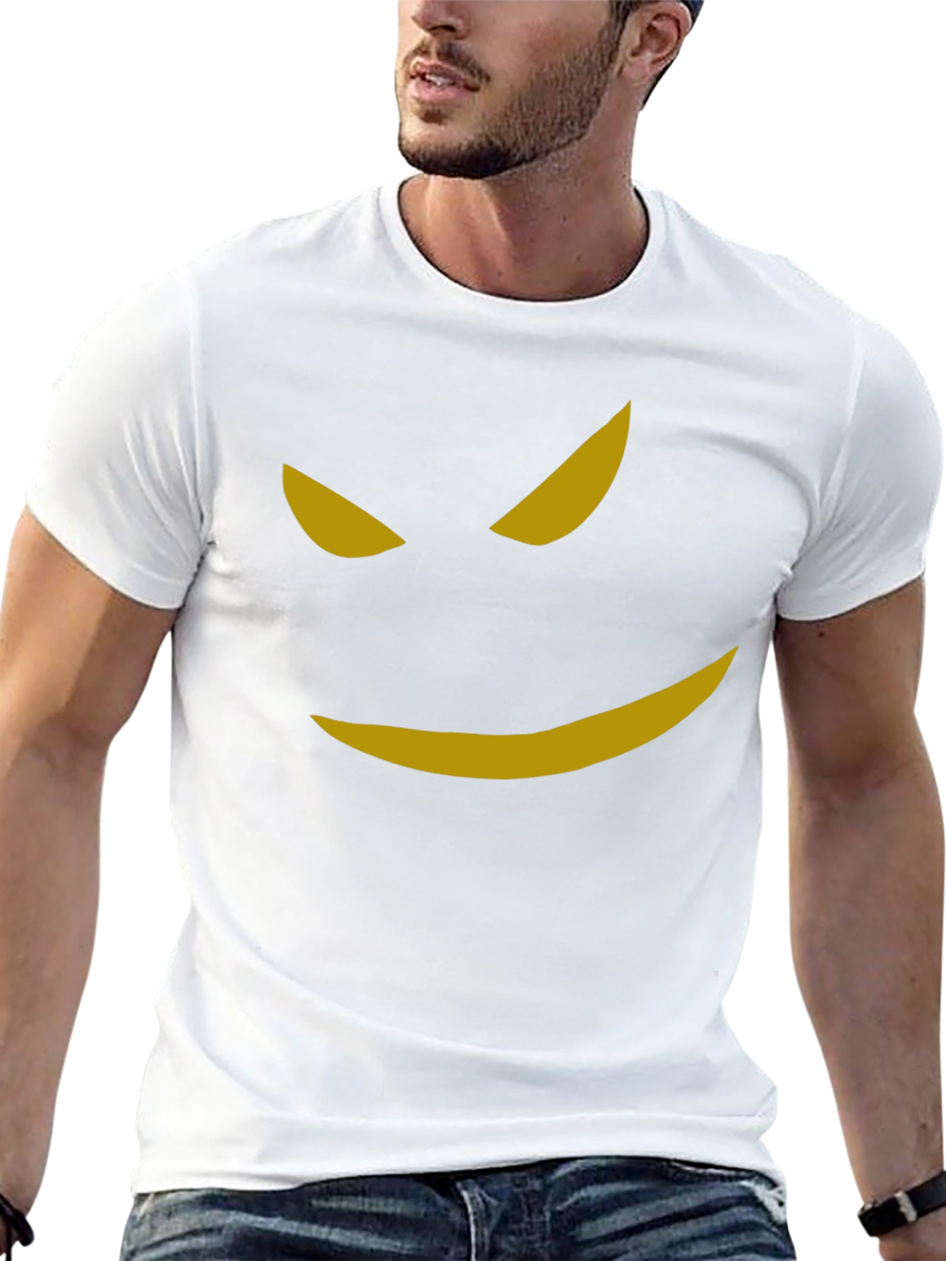 Mens Black T-Shirt with Spooky Golden Smile Graphic