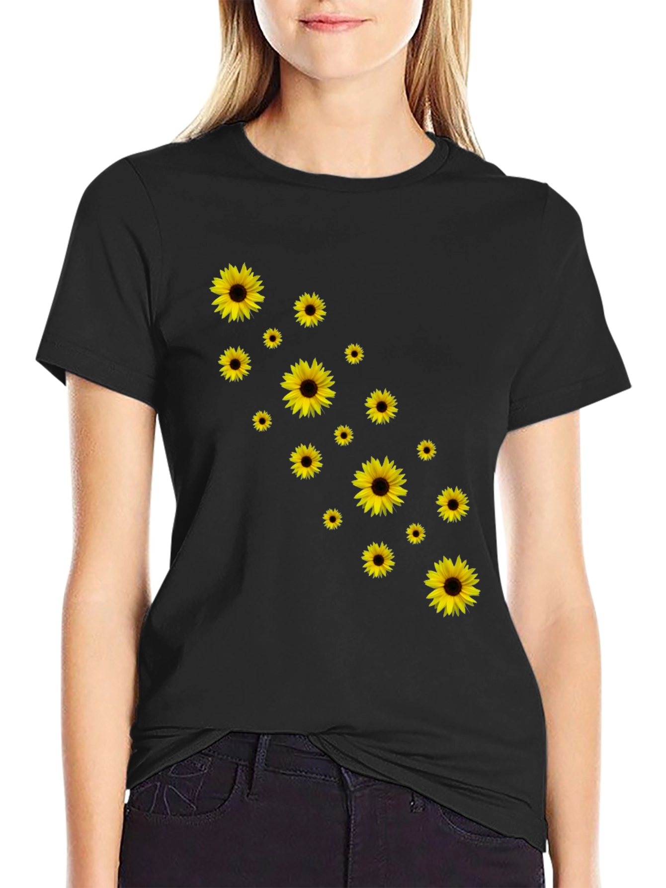 Sunflower Print Black T-Shirt