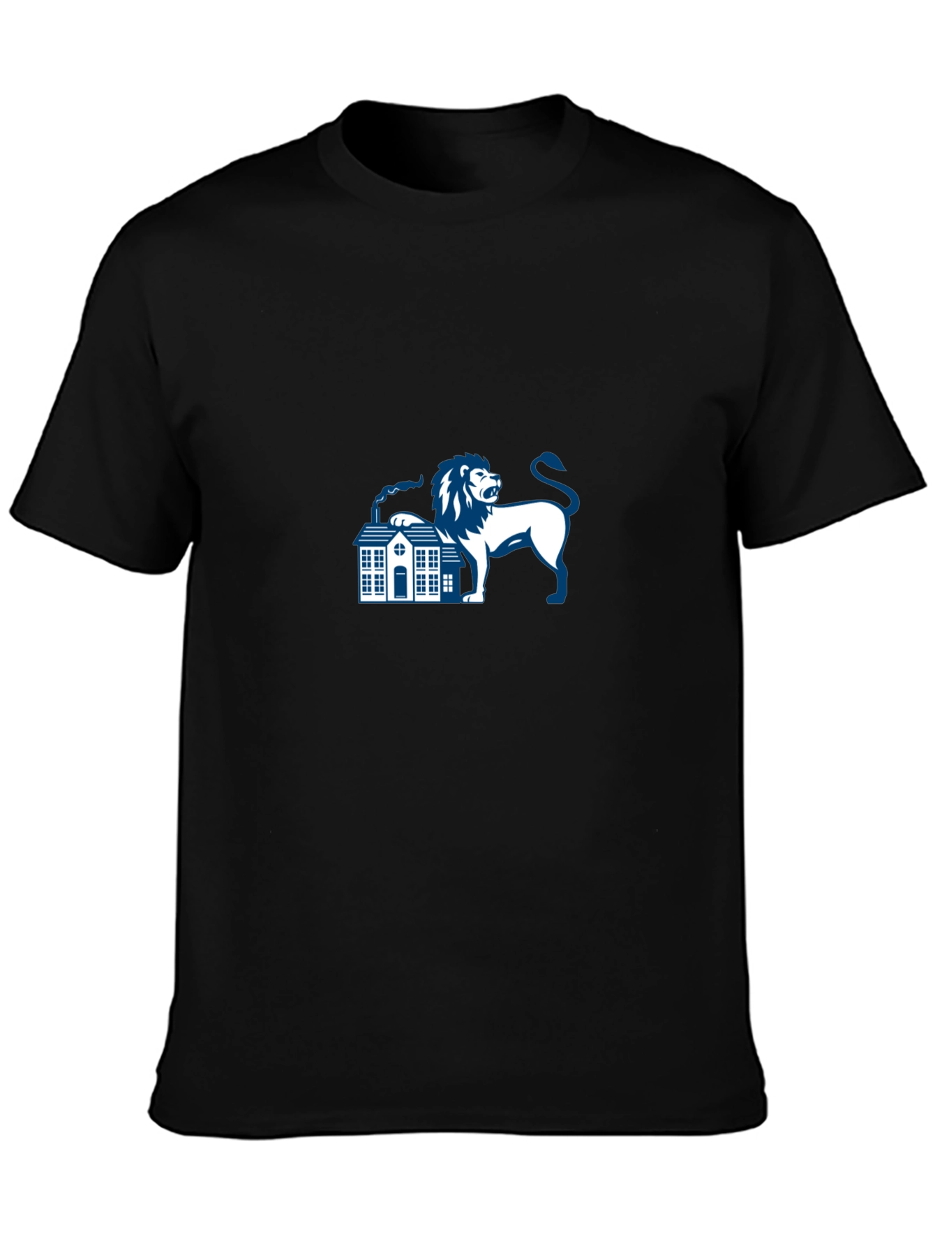 Black T-Shirt with Lion and House Graphic