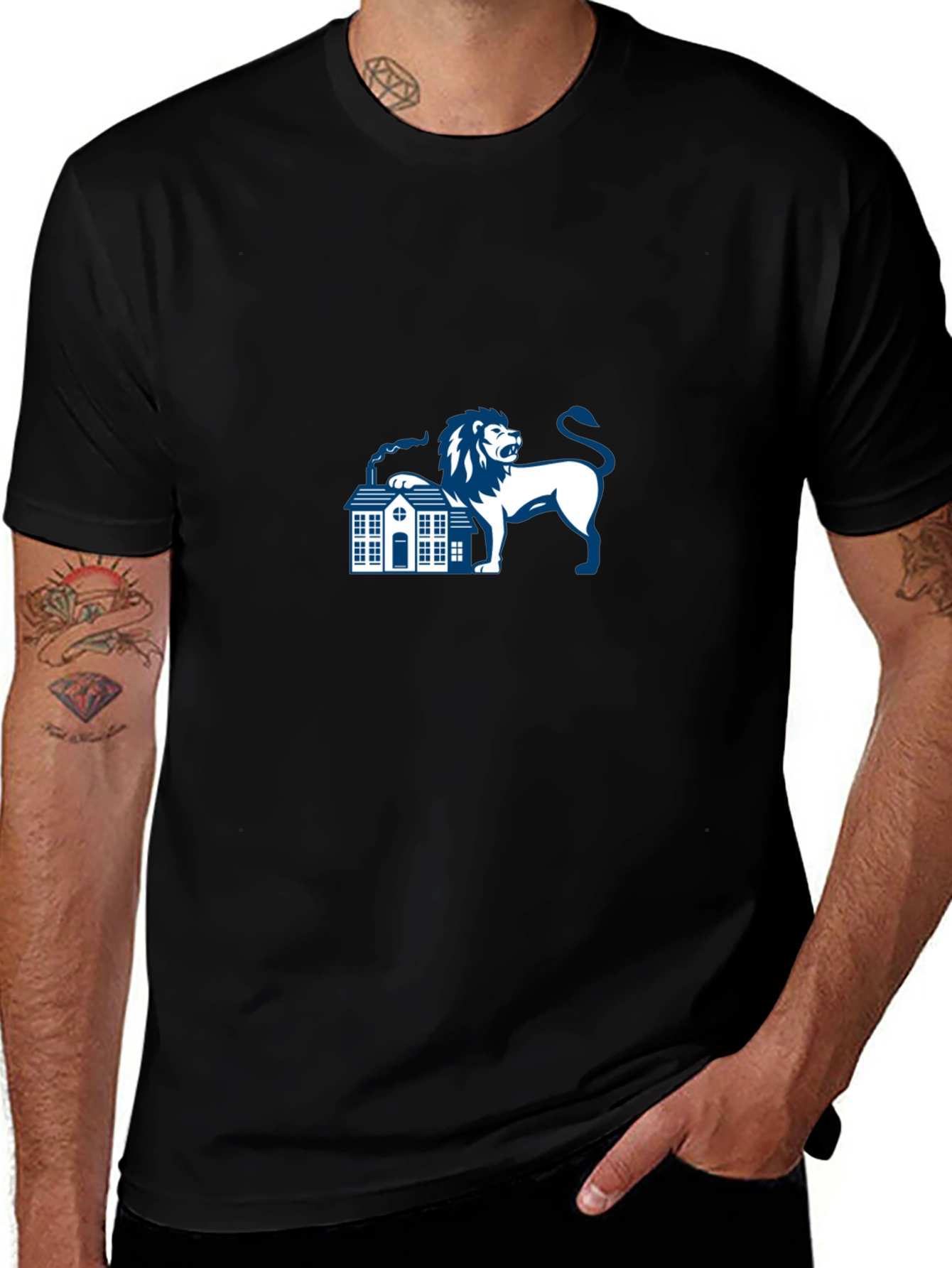 Black T-Shirt with Lion and House Graphic