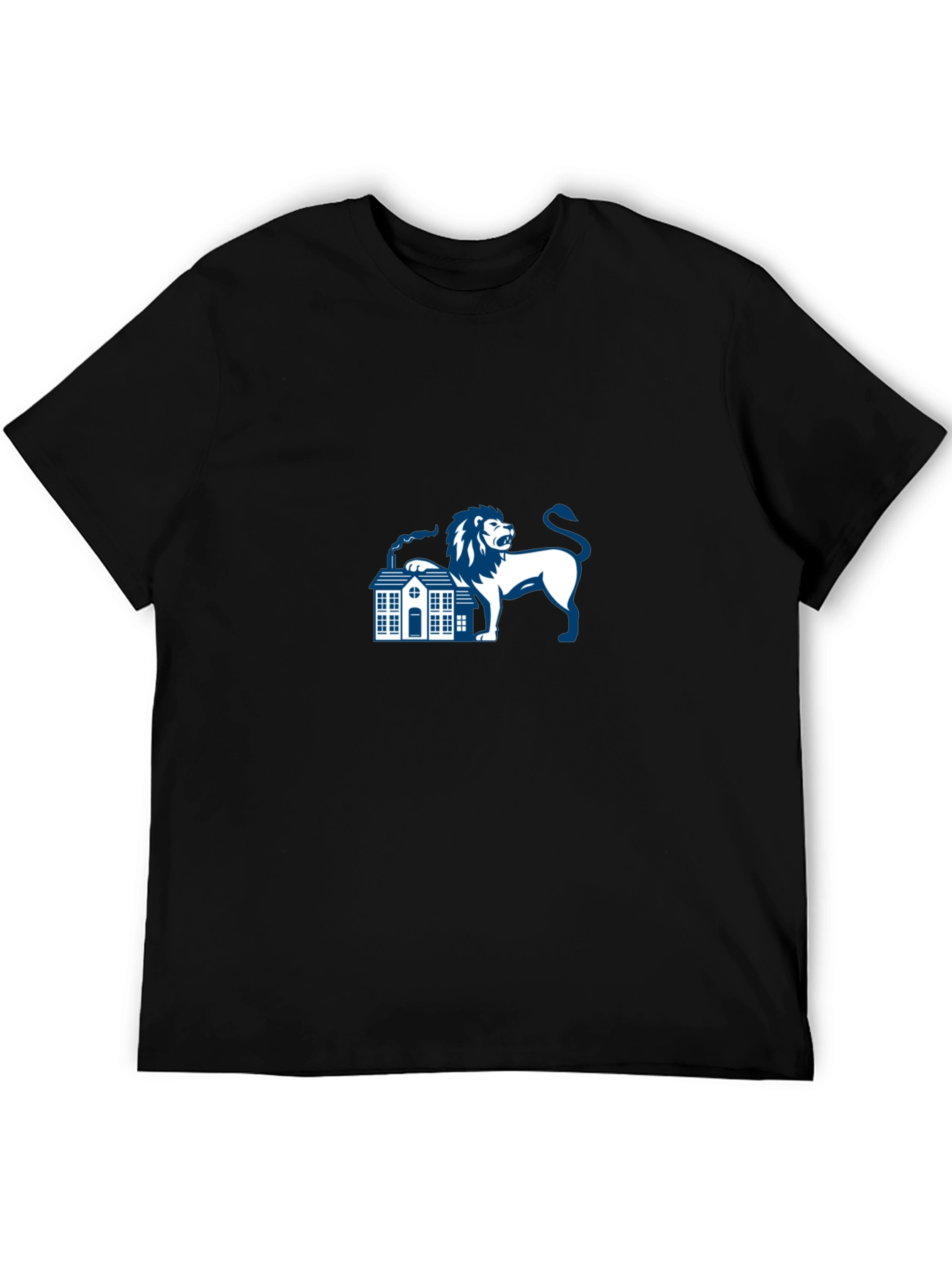 Black T-Shirt with Lion and House Graphic