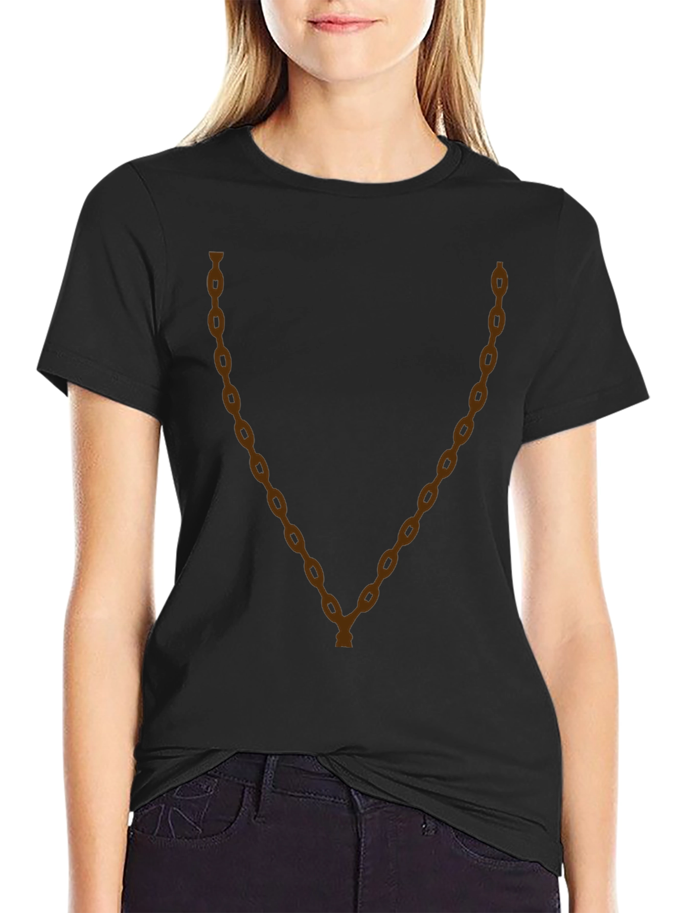 Mens Black T-Shirt with Brown Chain Print